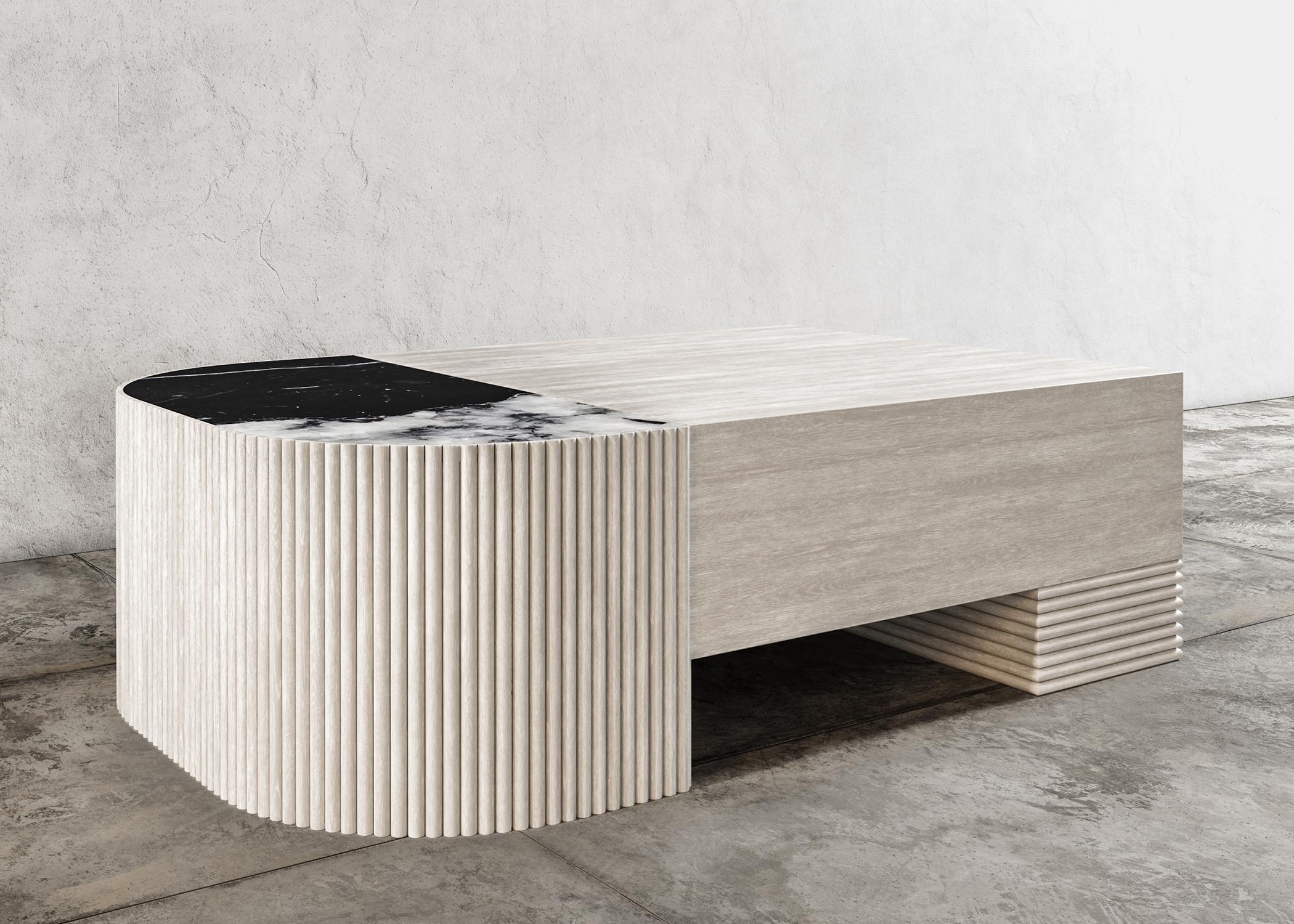 SWAY COFFEE TABLE – modernes Design mit sandfarbener Eiche + Nero Marquina Marmor (Moderne) im Angebot
