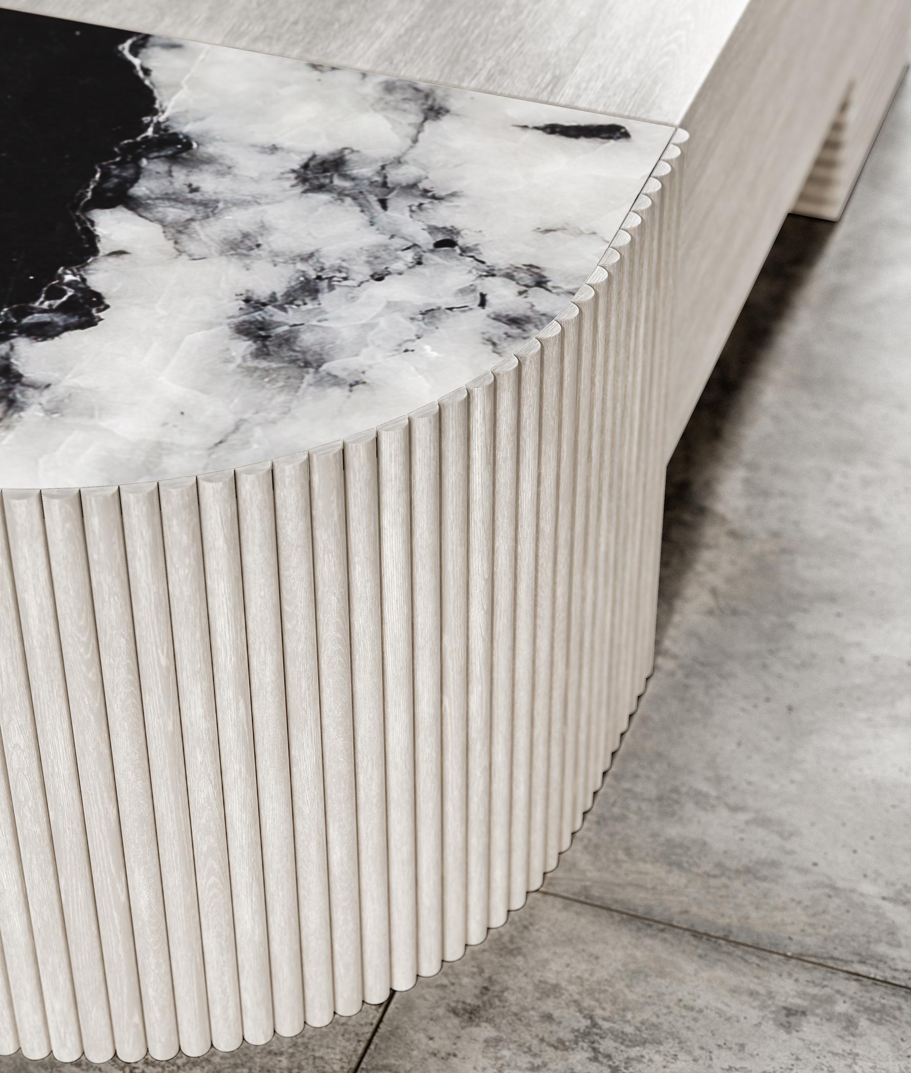 Contemporary SWAY COFFEE TABLE - Modern Design with Sandy Oak + Nero Marquina Marble For Sale