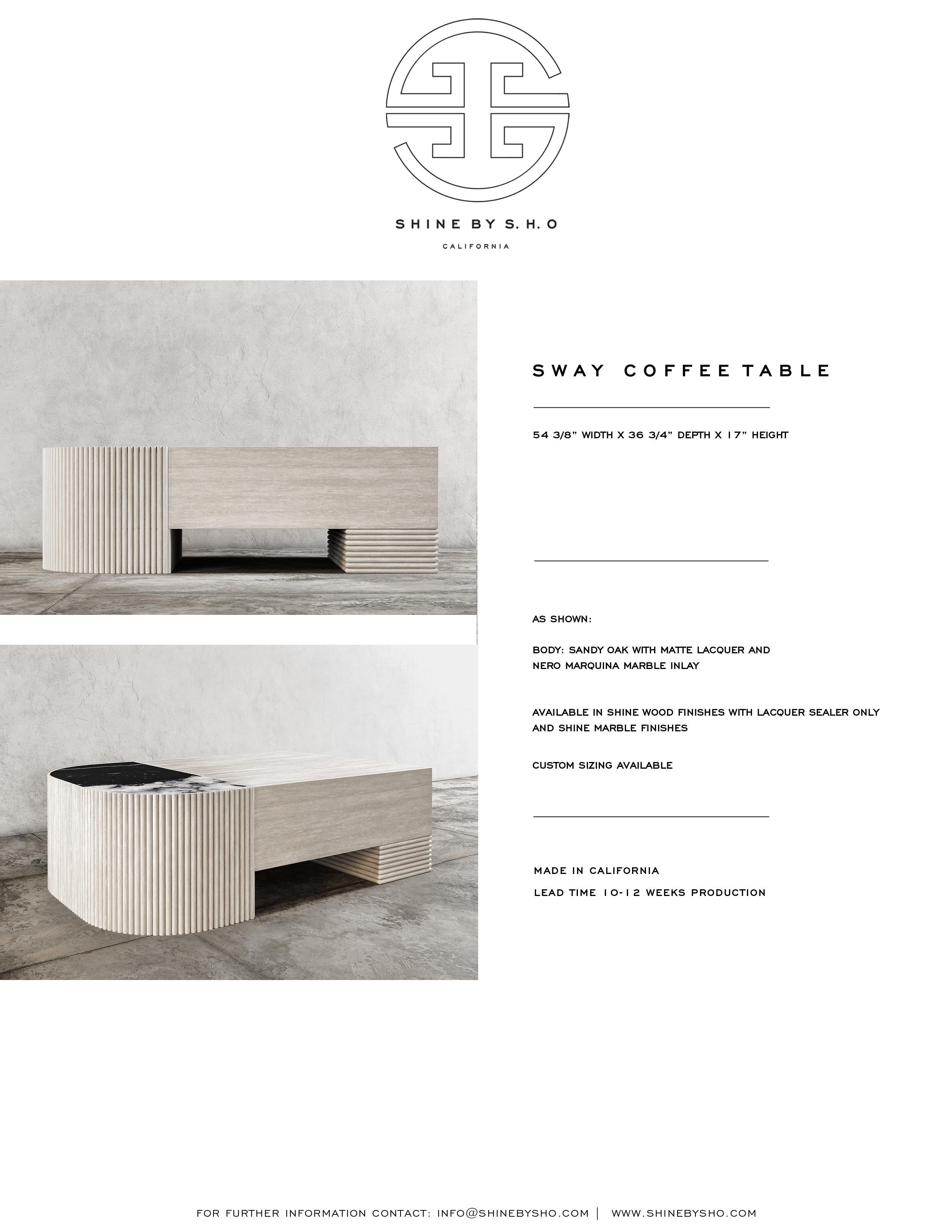 SWAY COFFEE TABLE - Modern Design with Sandy Oak + Nero Marquina Marble For Sale 1