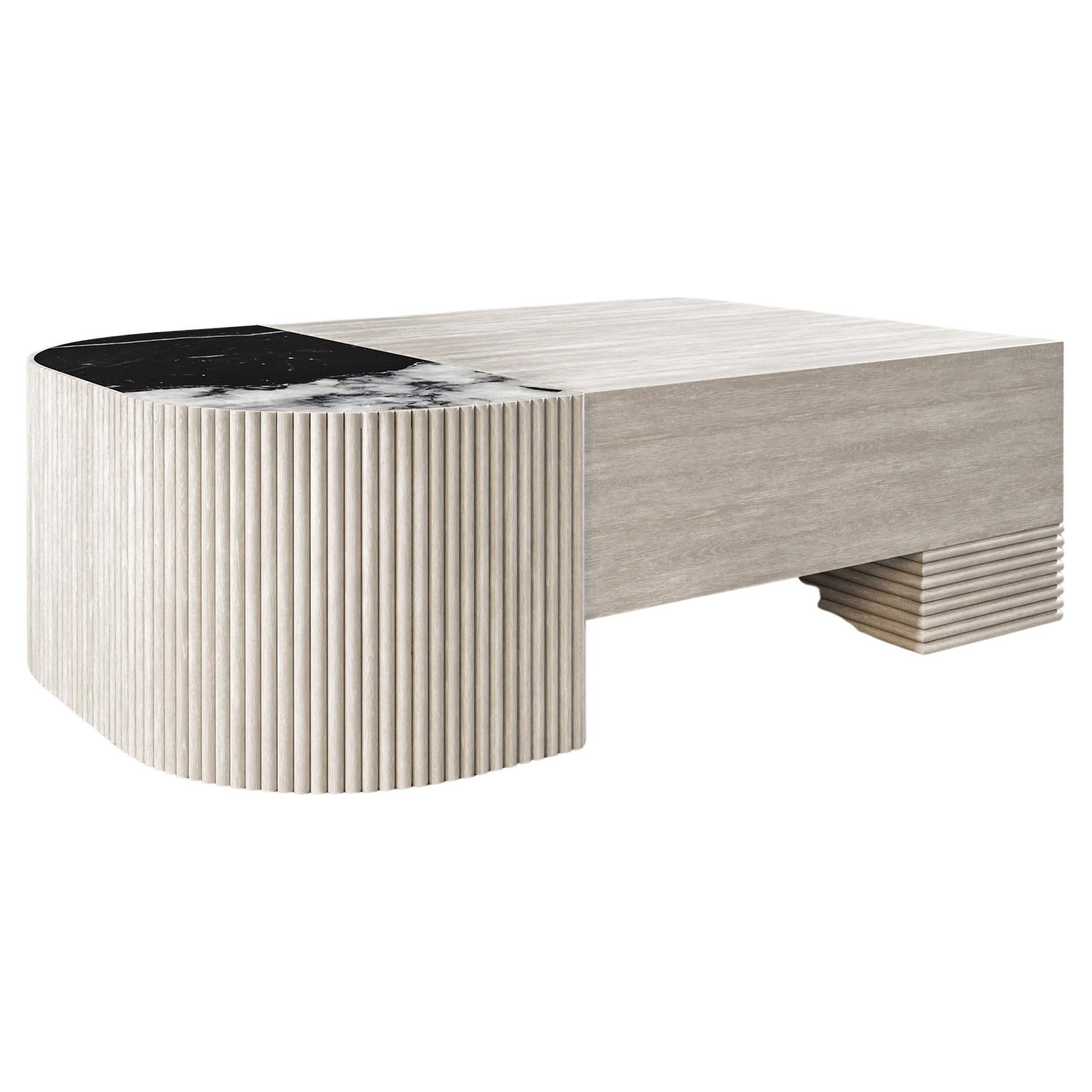 SWAY COFFEE TABLE - Modern Design with Sandy Oak + Nero Marquina Marble For Sale