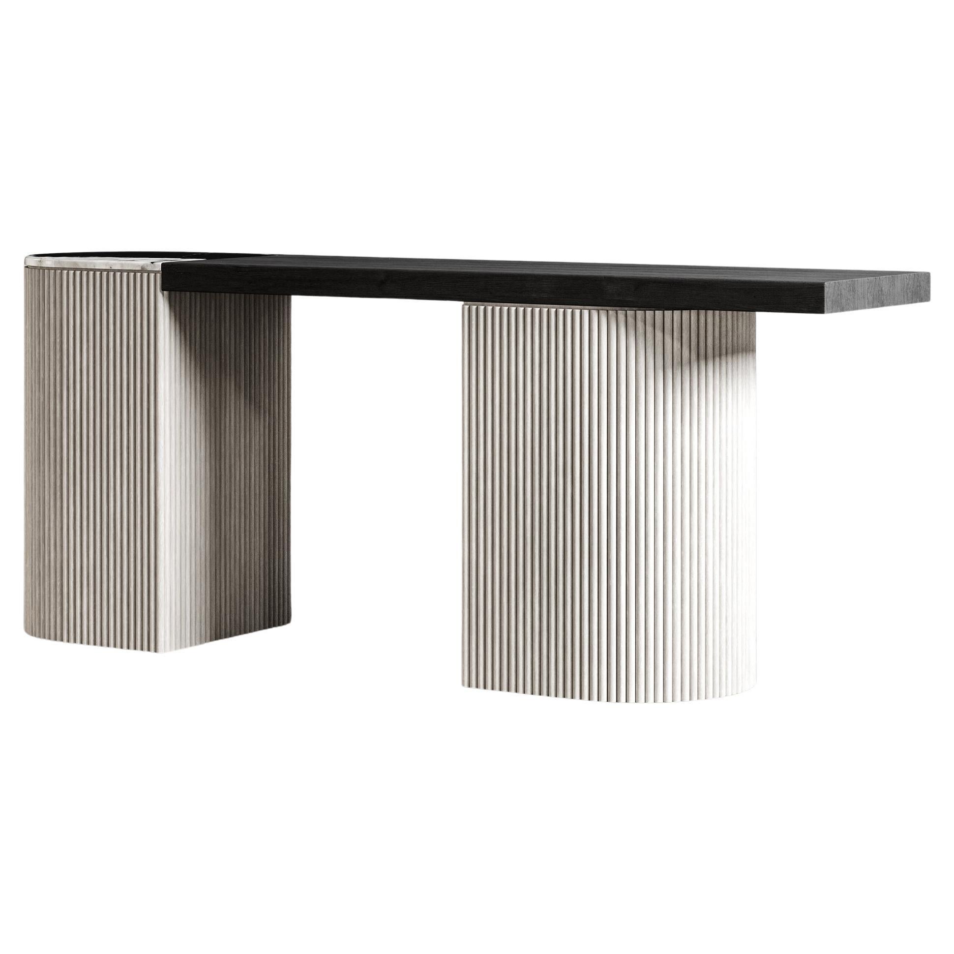 SWAY CONSOLE - Modern Design with Sandy & Ebony Oak, Nero Marquina Marble For Sale