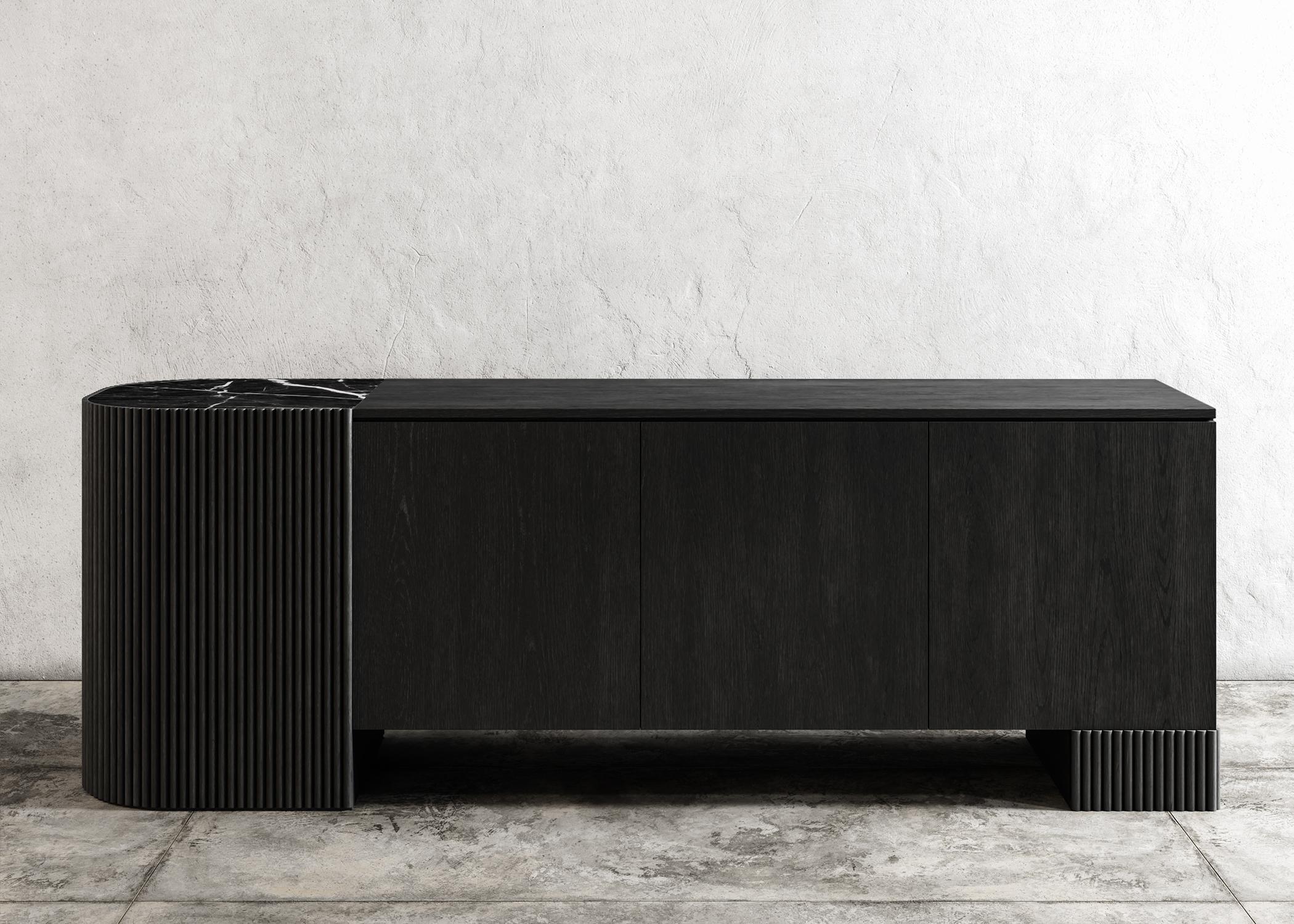 American SWAY CREDENZA - Modern Design with Ebony Oak + Nero Marquina Marble For Sale