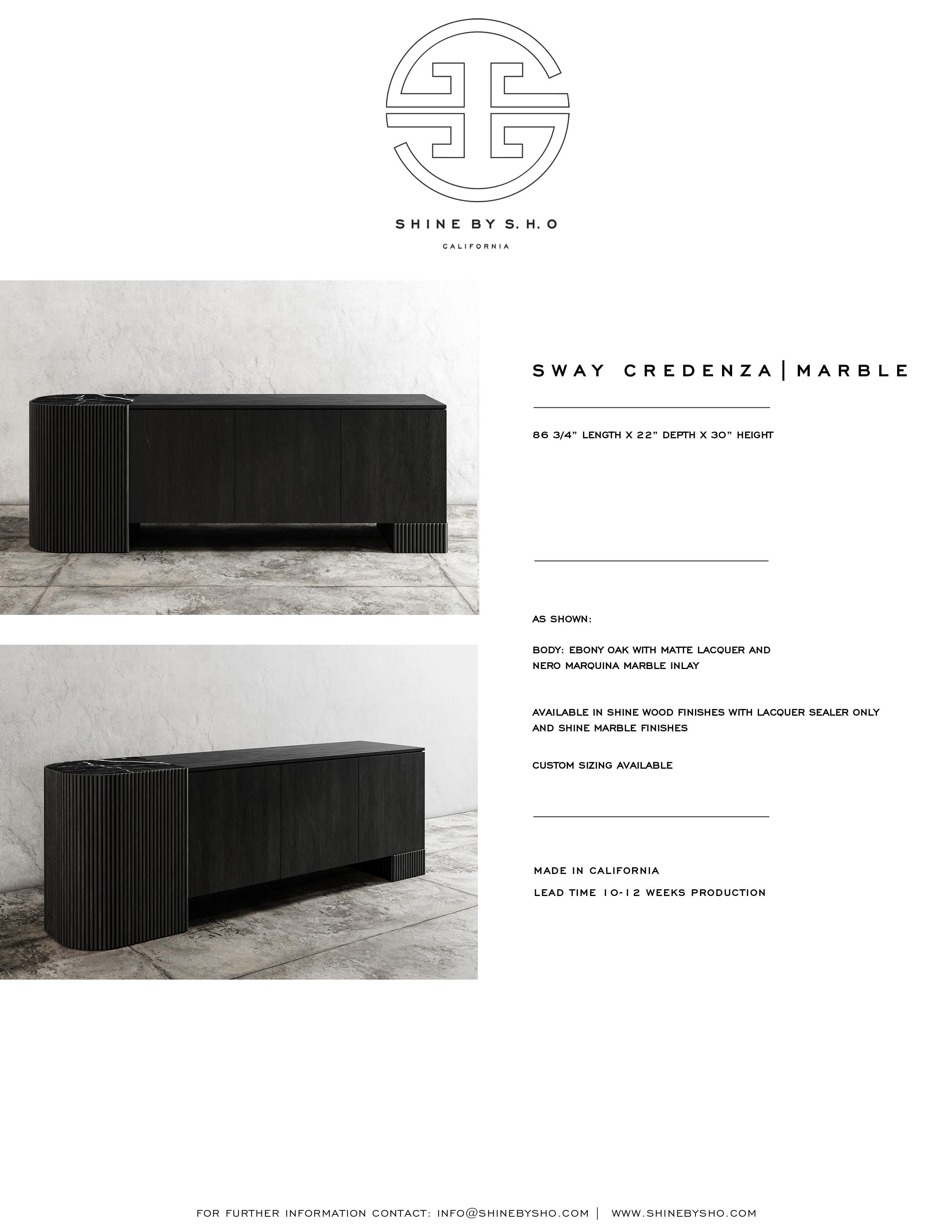 SWAY CREDENZA - Modern Design with Ebony Oak + Nero Marquina Marble In Distressed Condition For Sale In Laguna Niguel, CA