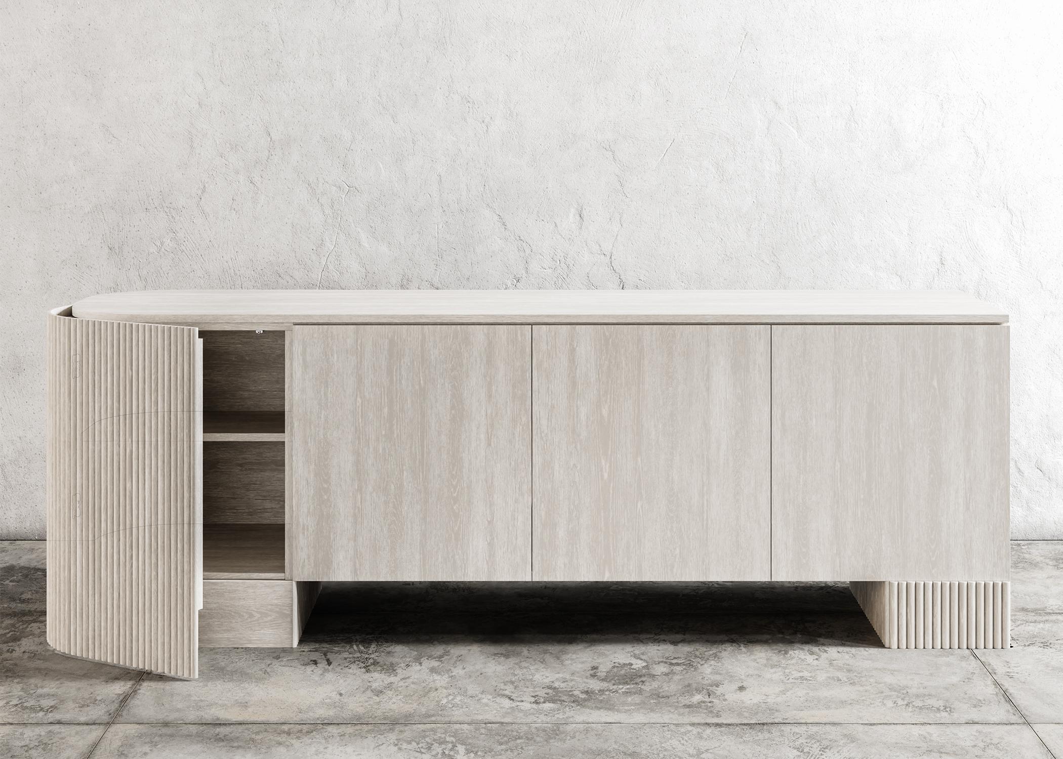 American SWAY CREDENZA - Modern Design with Sandy Oak + Matte Lacquer For Sale