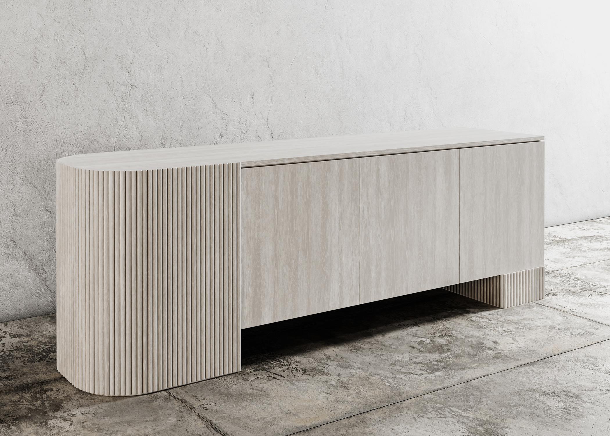 SWAY CREDENZA - Modern Design with Sandy Oak + Matte Lacquer In New Condition For Sale In Laguna Niguel, CA