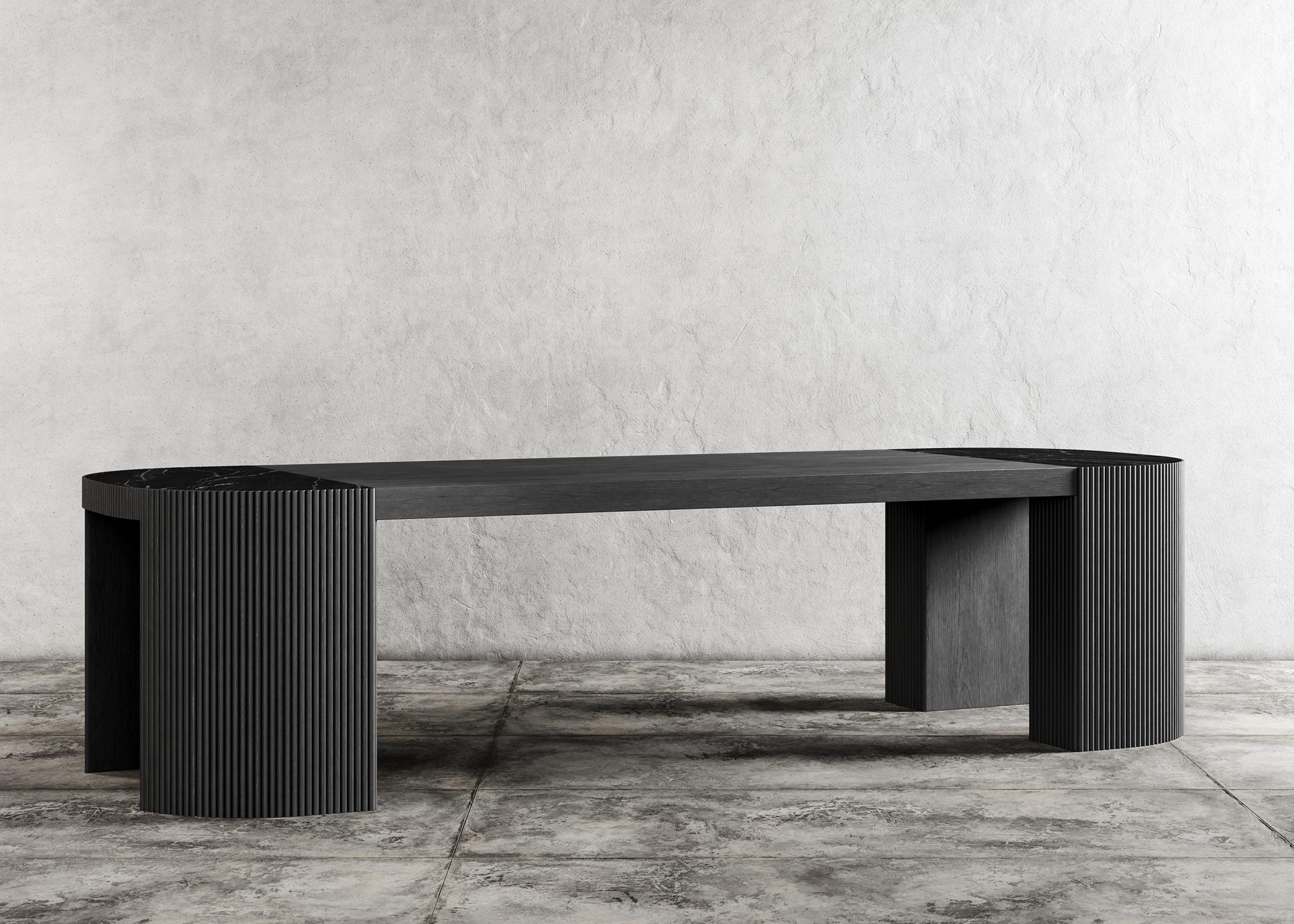 American SWAY DINING TABLE - Modern Design with Ebony Oak + Nero Marquina Marble For Sale