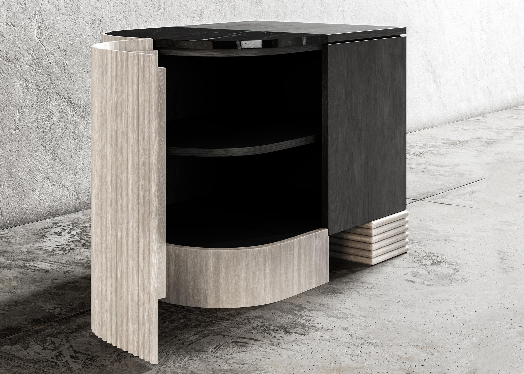 American SWAY NIGHTSTAND - Modern Design with Sandy & Ebony Oak + Nero Marquina Marble For Sale