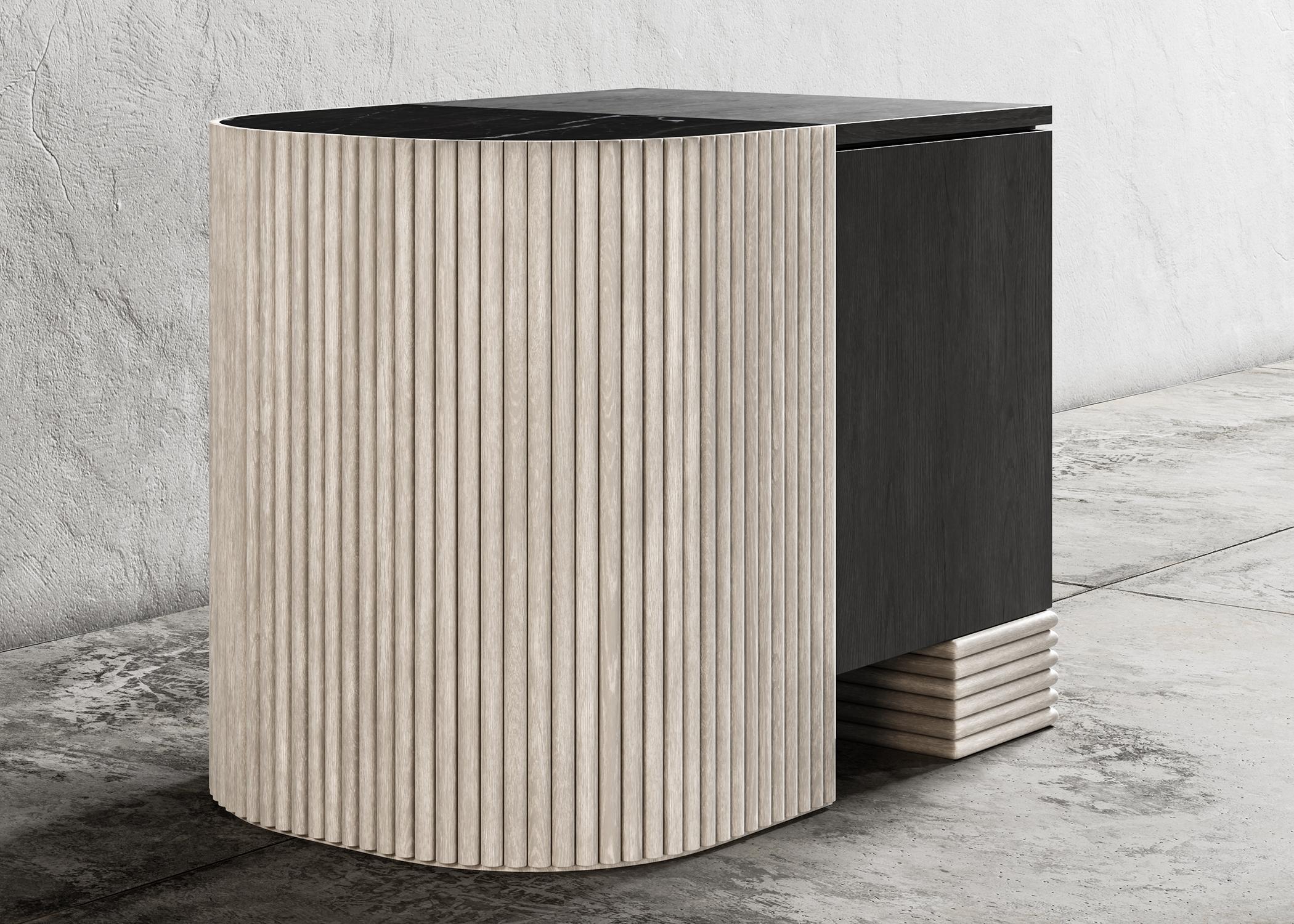 SWAY NIGHTSTAND - Modern Design with Sandy & Ebony Oak + Nero Marquina Marble In New Condition For Sale In Laguna Niguel, CA