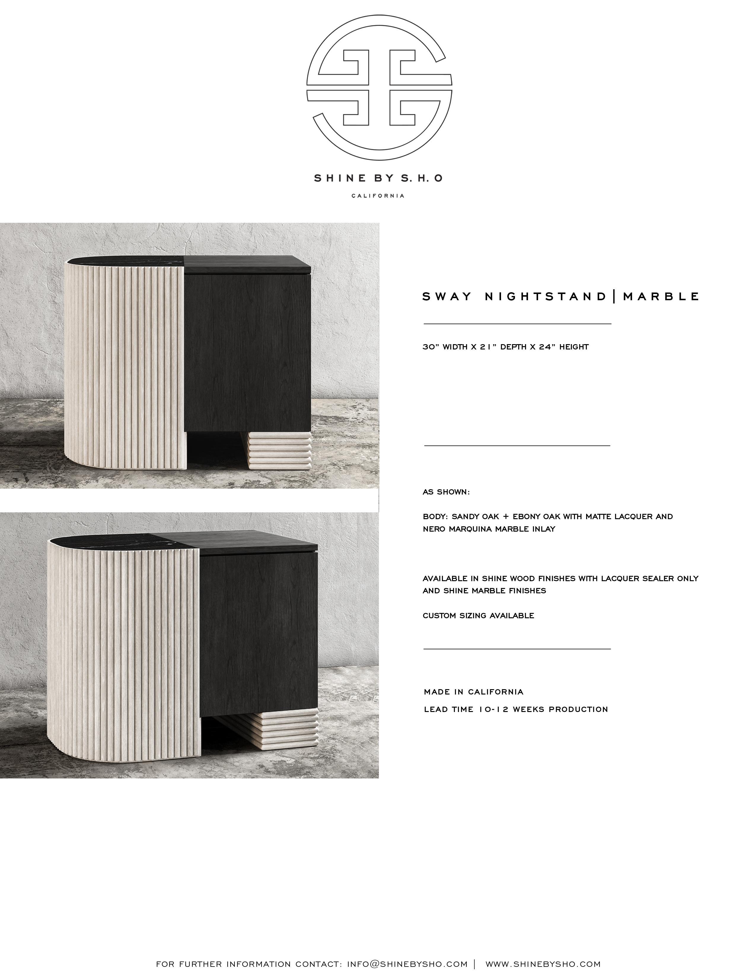 Contemporary SWAY NIGHTSTAND - Modern Design with Sandy & Ebony Oak + Nero Marquina Marble For Sale