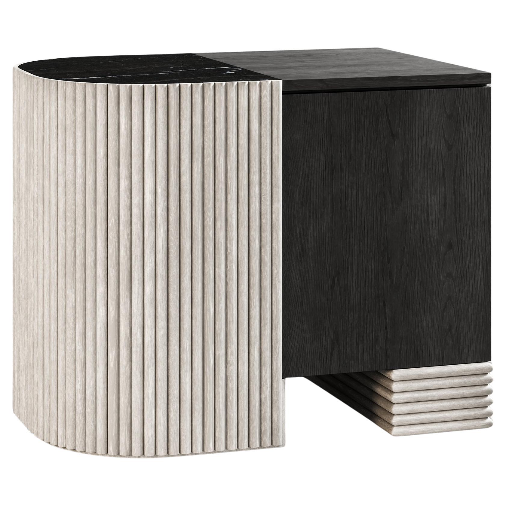 SWAY NIGHTSTAND - Modern Design with Sandy & Ebony Oak + Nero Marquina Marble For Sale