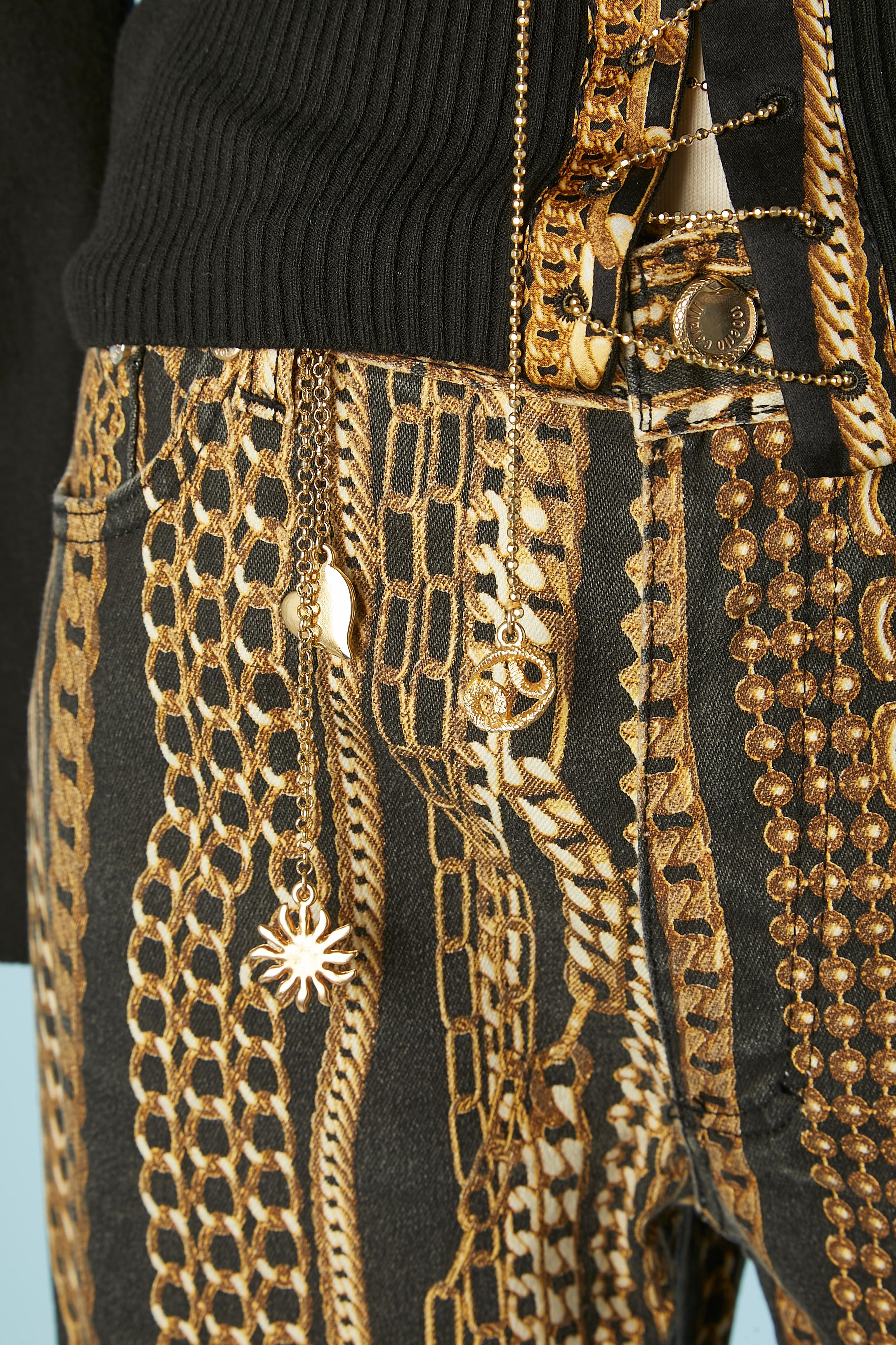 Black Sweater and printed trouser ensemble with gold metallic chains Roberto Cavalli  For Sale