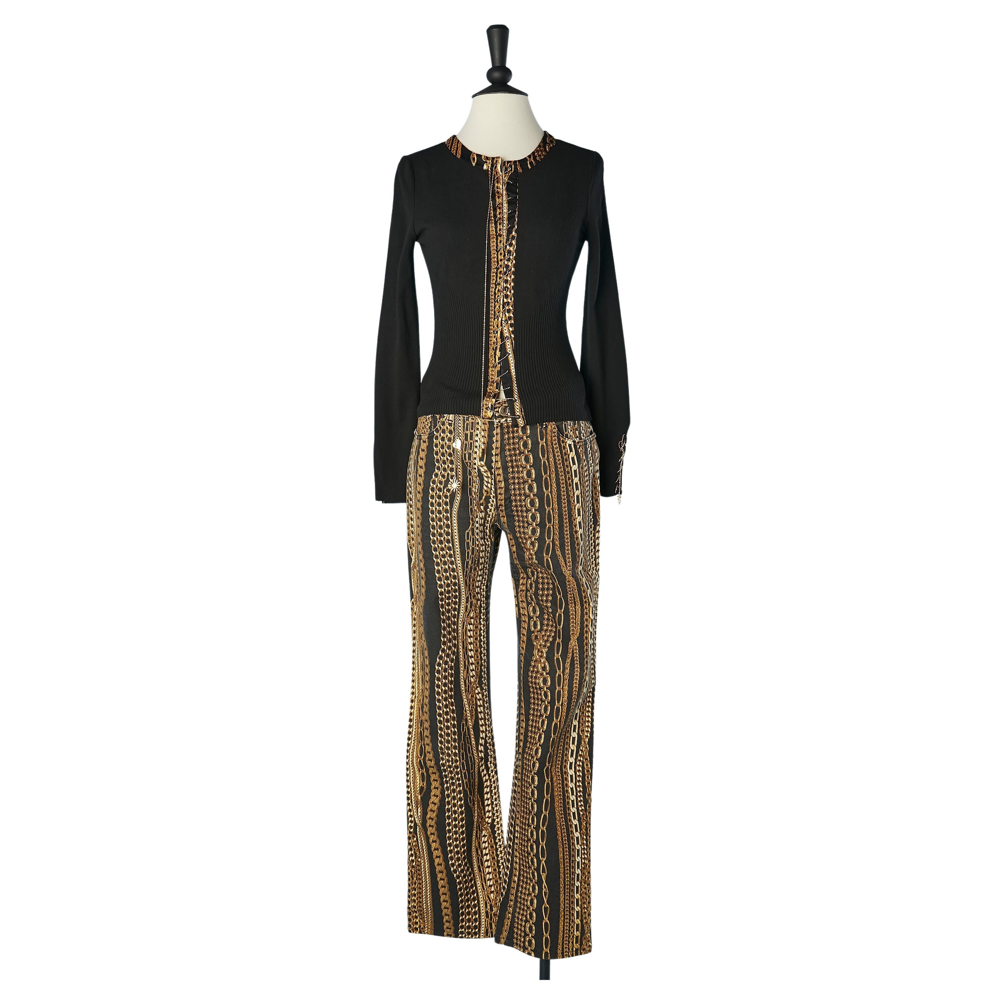 Sweater and printed trouser ensemble with gold metallic chains Roberto Cavalli  For Sale