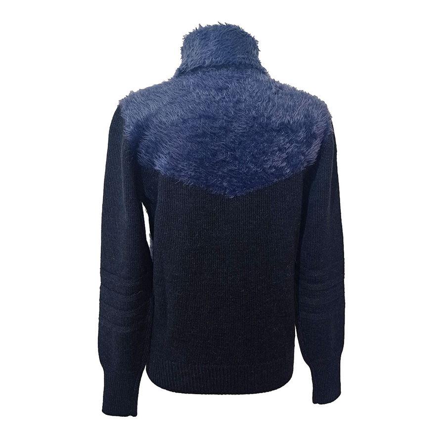 Acrylic (45%) Alpaca (37%) Wool (18%) Blue color Long sleeves High neck Lighter color inserts with fur effect Maximum length cm 62 (2440 inches) Shoulders cm 38 (1496 inches)
