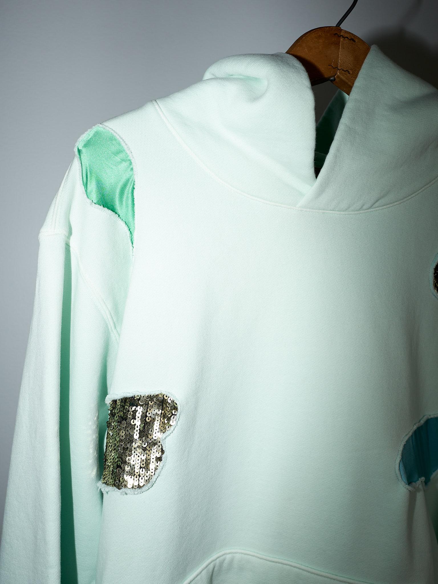 Sweatshirt  Organic Cotton Hoodie Mint Green Silk Sequin Patch Work J Dauphin In New Condition In Los Angeles, CA