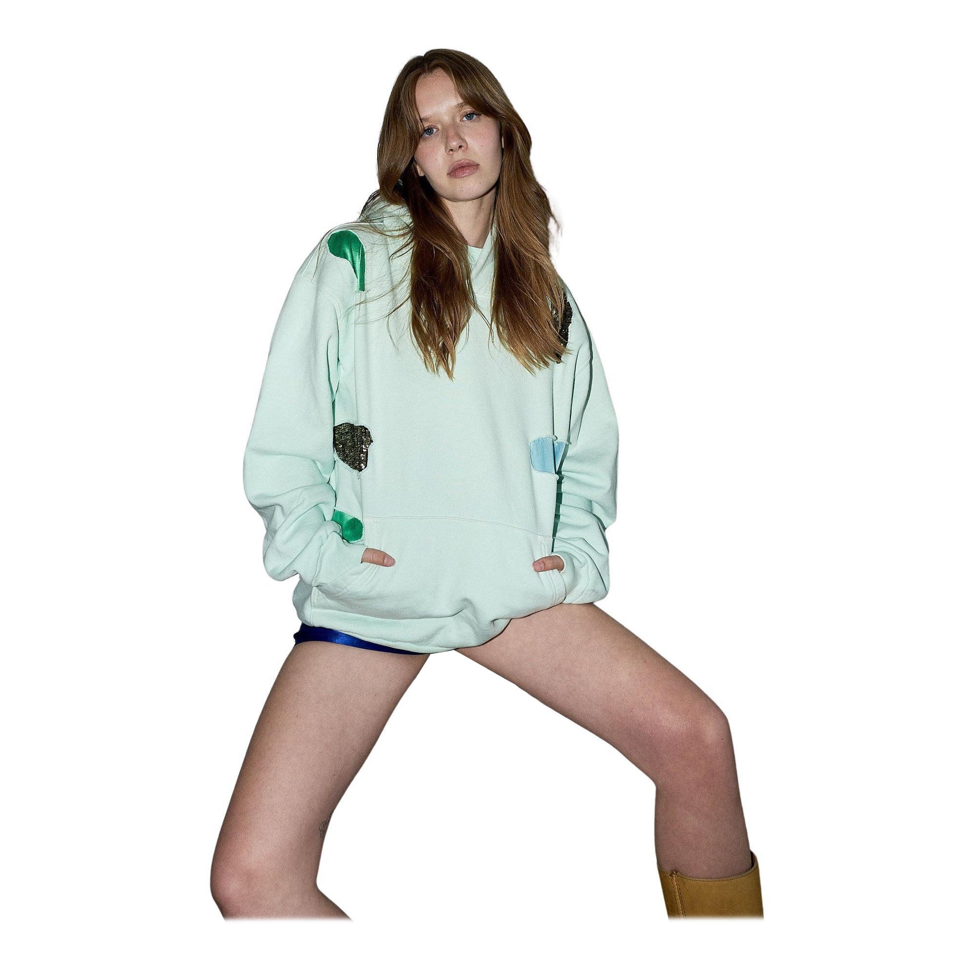 Sweatshirt  Organic Cotton Hoodie Mint Green Silk Sequin Patch Work J Dauphin