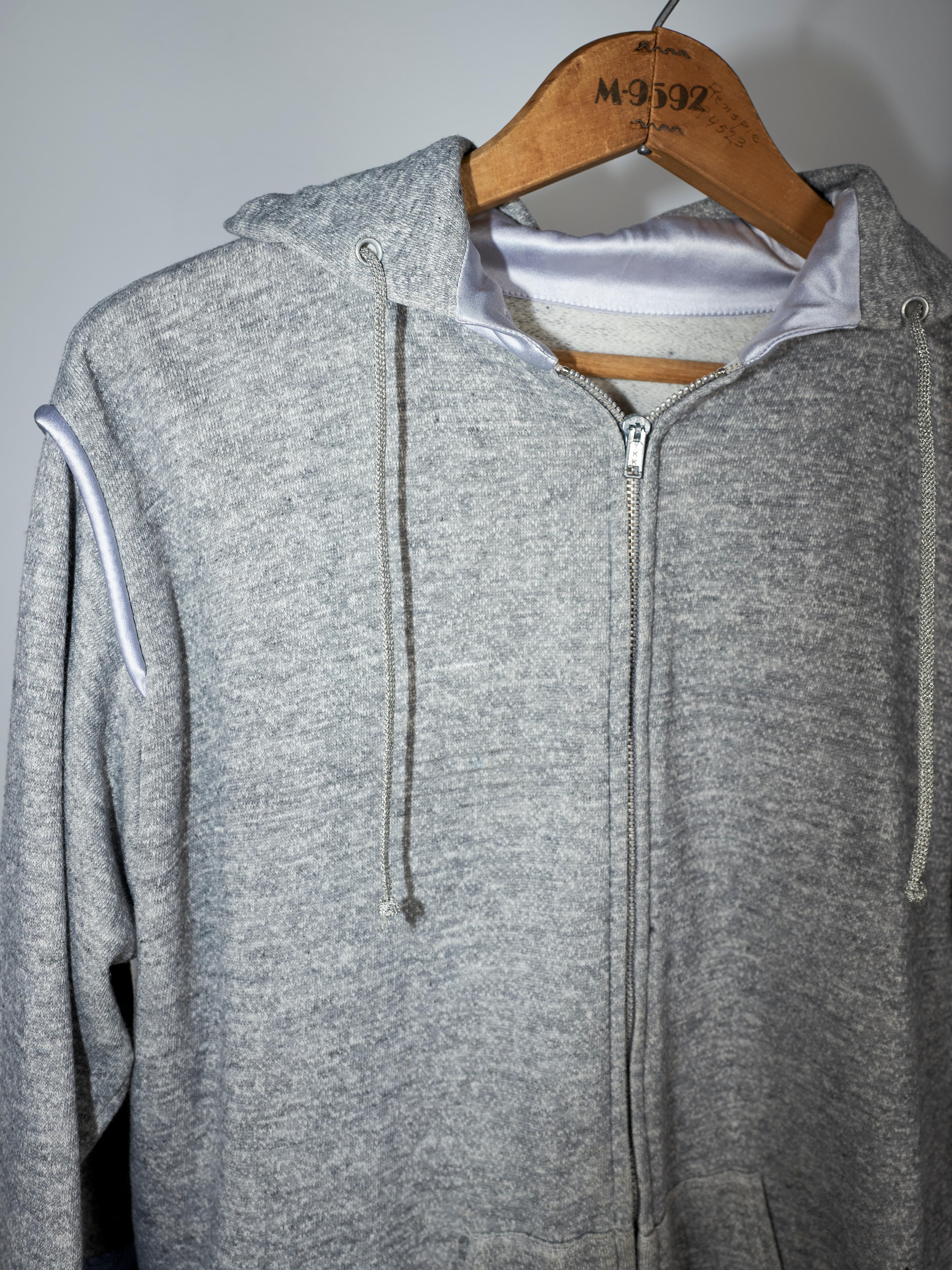 Sweatshirt Vintage 70's Hoodie Jacket Grey Organza silk Patchwork 3
