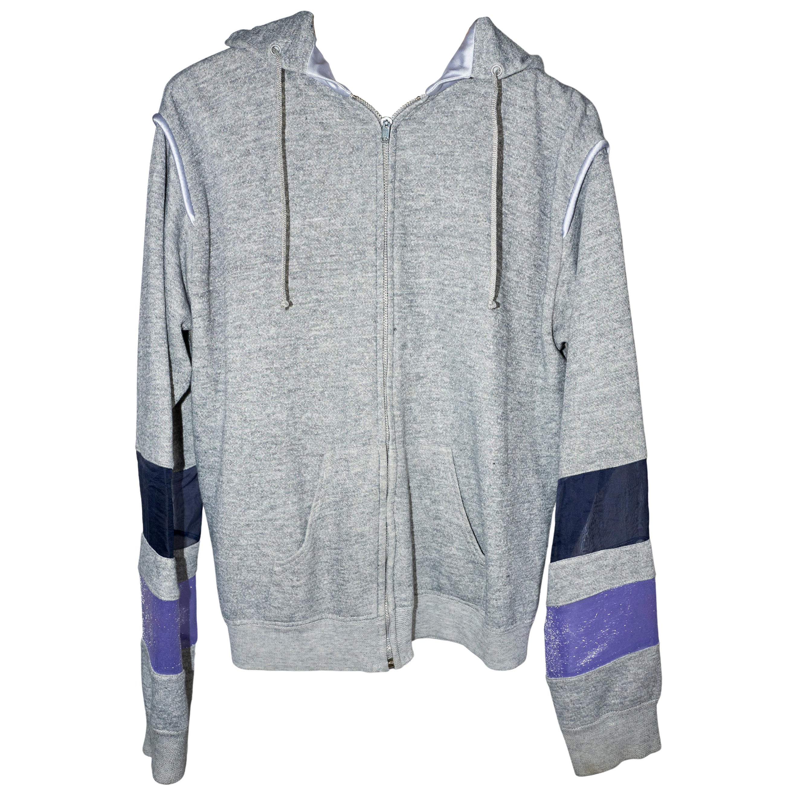 Sweatshirt Vintage 70's Hoodie Jacket Grey Organza silk Patchwork