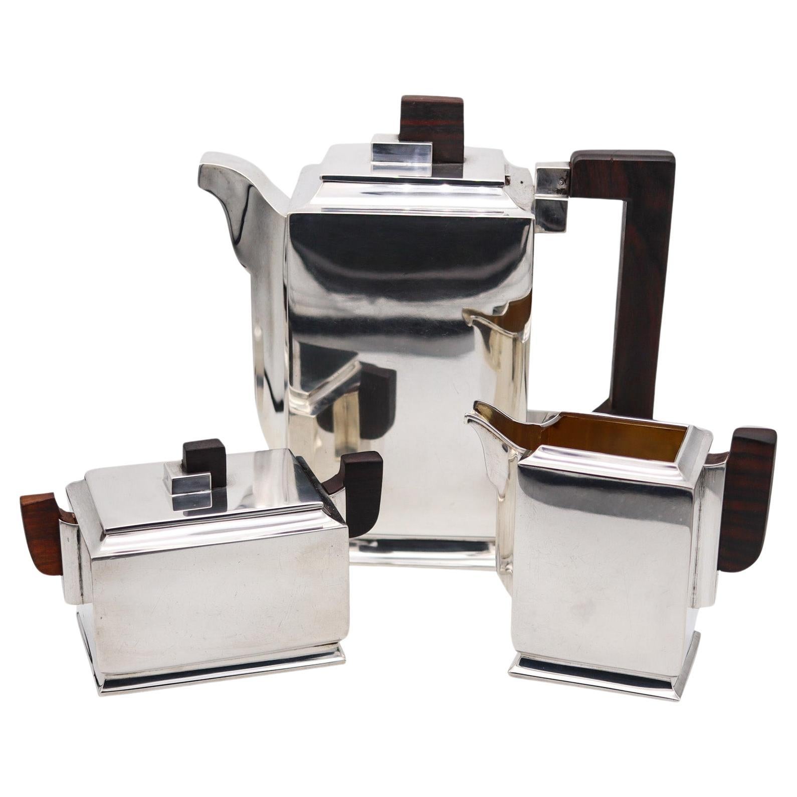 Sweden 1931 Art Deco Bauhaus Geometric Coffee Set In Sterling Silver And Ebony For Sale