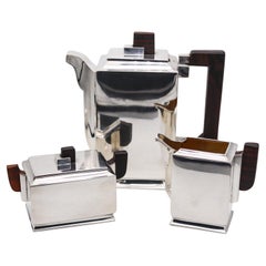 Antique Sweden 1931 Art Deco Bauhaus Geometric Coffee Set In Sterling Silver And Ebony