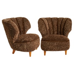 Sweden 1950's Pair of Chairs Restored & Reupholstered in Sable Curly Shearling