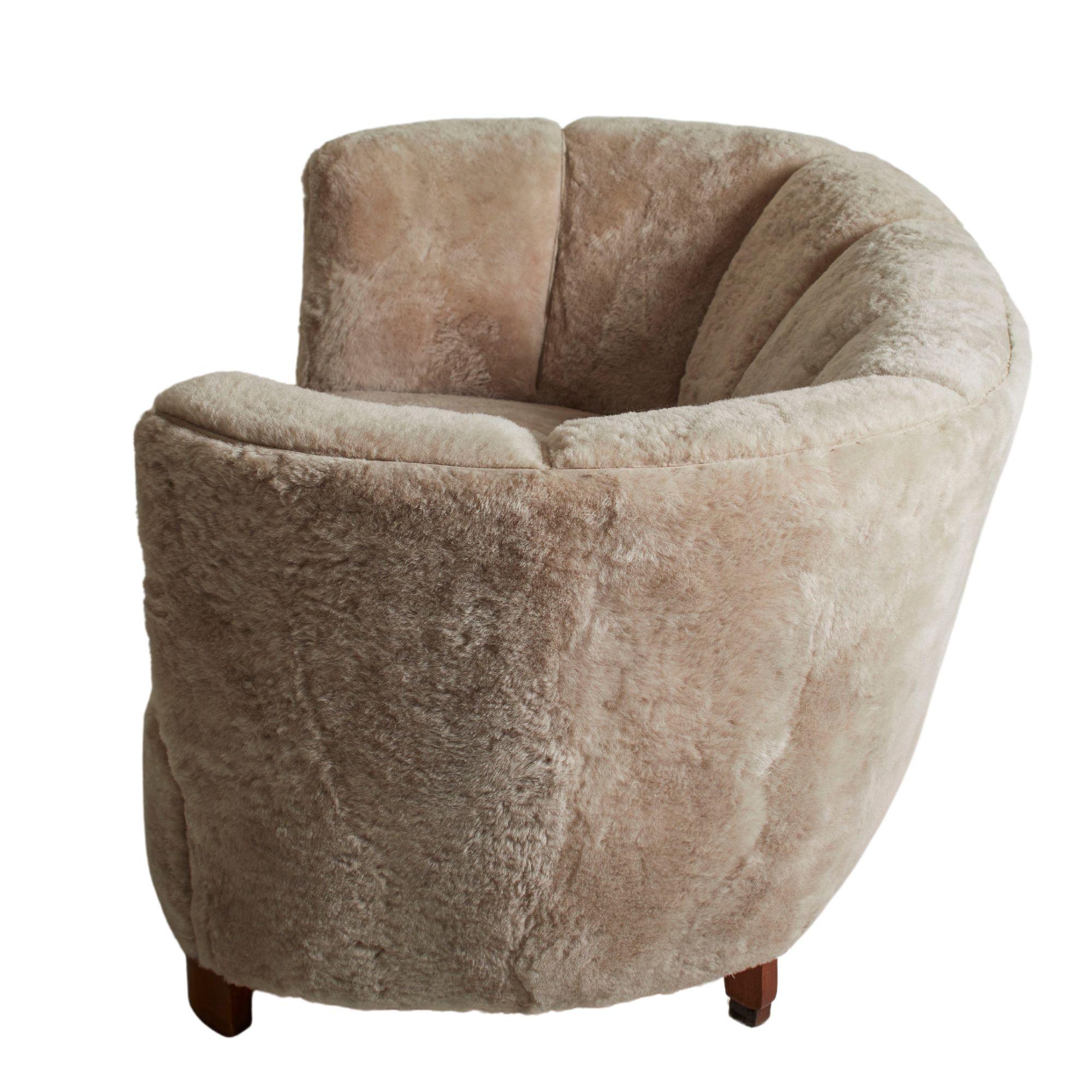 Swedish Mid Century Rounded Shearling Loveseat, Sweden 1950s