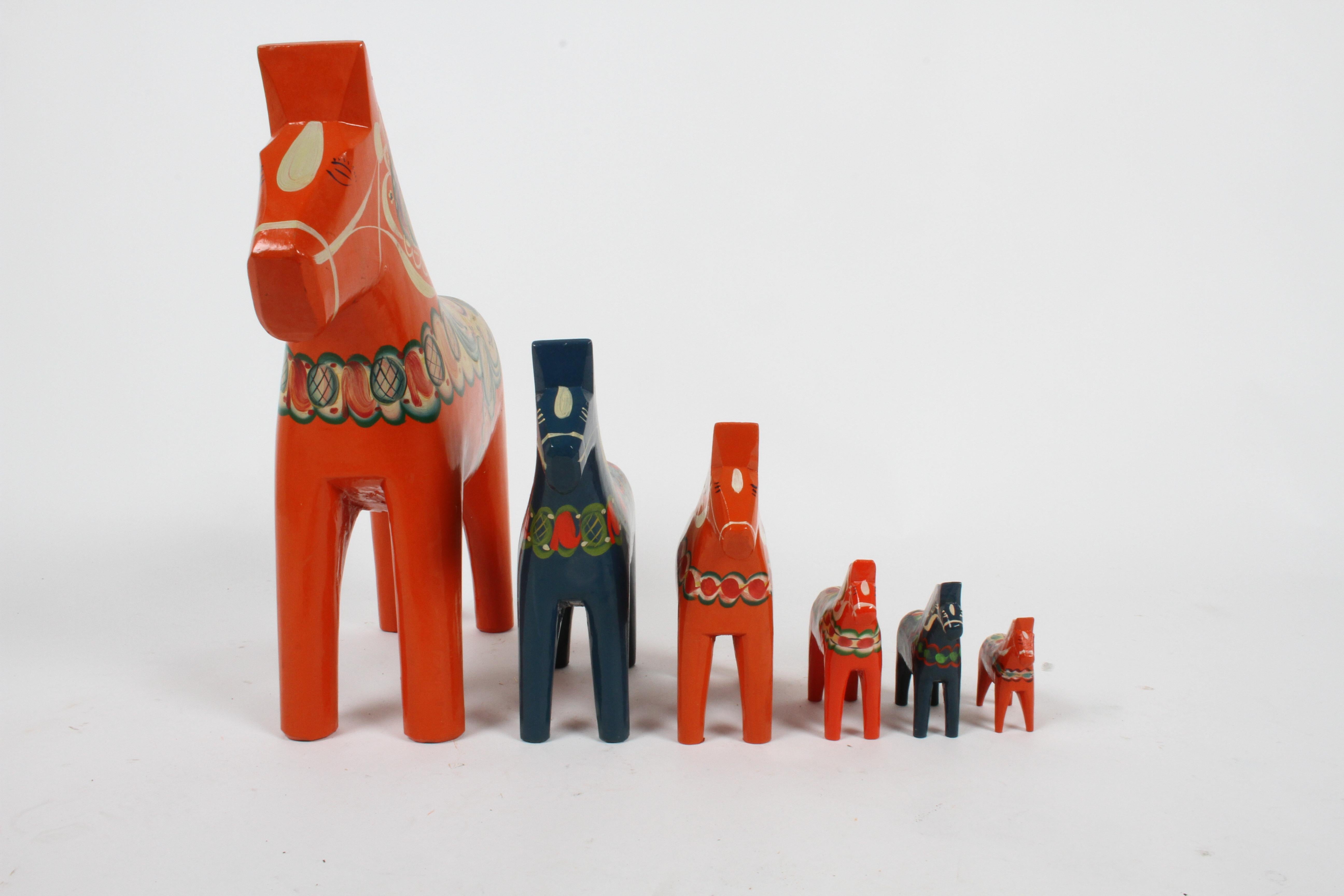 Instant Swedish Folk Art Collection of six vintage hand carved and painted Dala horses by Nils Olsson. Various labels, some signed with Akta Dalahemslojd - Helmslojd S-790 52 Nusnas Sweden. All in fine condition, no breaks or damage or