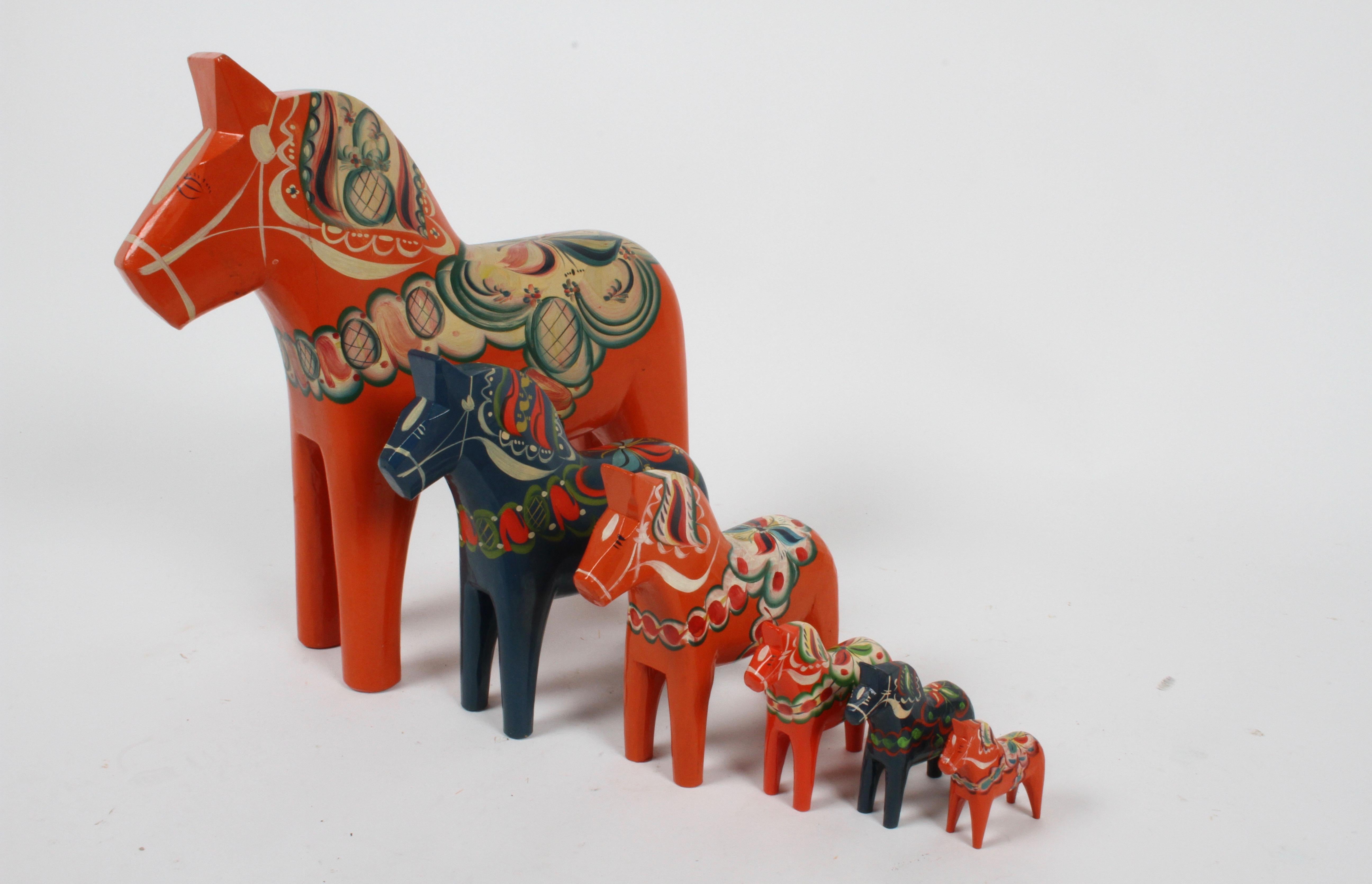 Mid-Century Modern Sweden Folk Art, Collection of Six Vintage Swedish Dala Horses by Nils Olsson