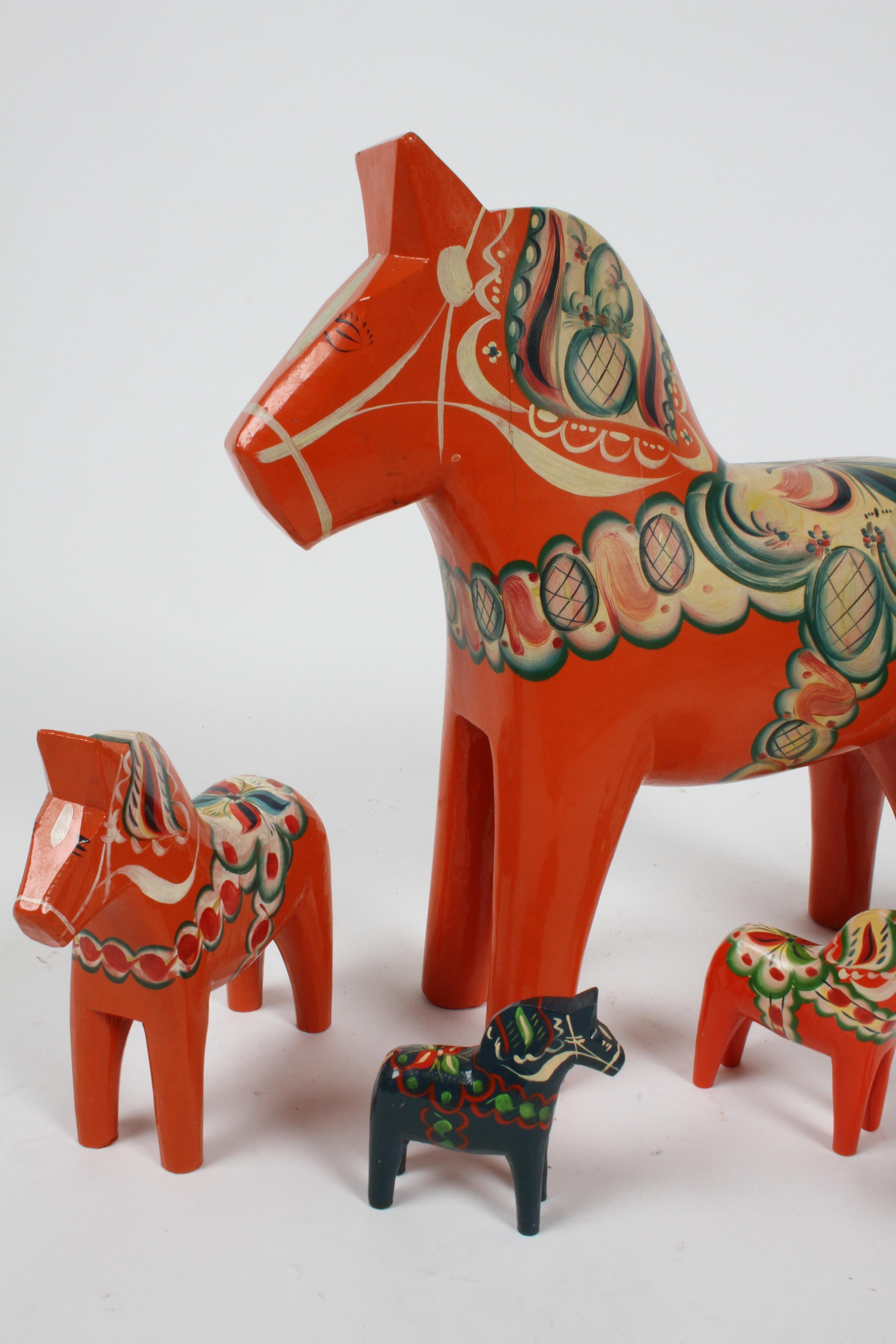 Hand-Carved Sweden Folk Art, Collection of Six Vintage Swedish Dala Horses by Nils Olsson
