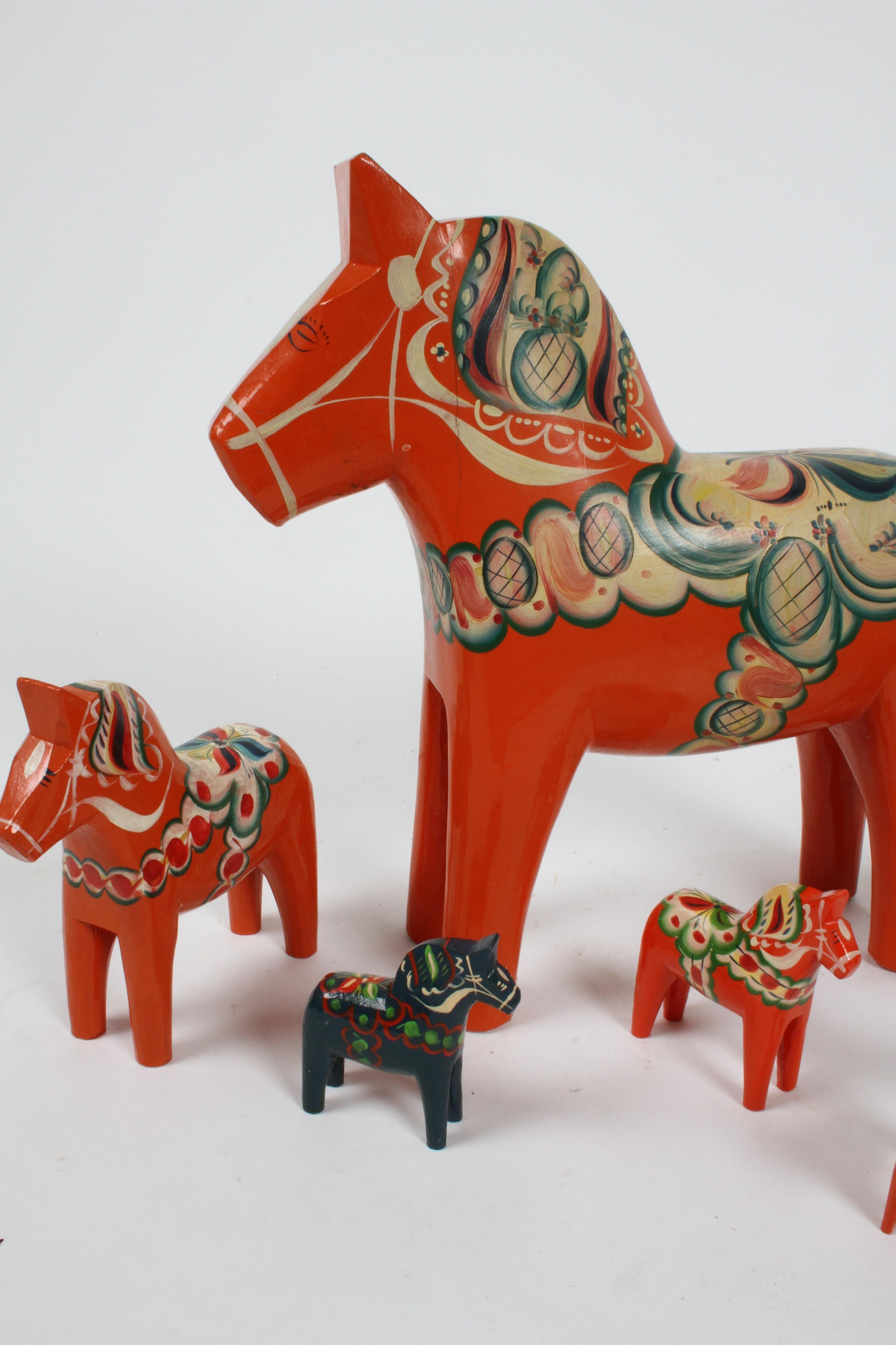 Wood Sweden Folk Art, Collection of Six Vintage Swedish Dala Horses by Nils Olsson