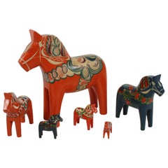 Sweden Folk Art, Collection of Six Vintage Swedish Dala Horses by Nils Olsson