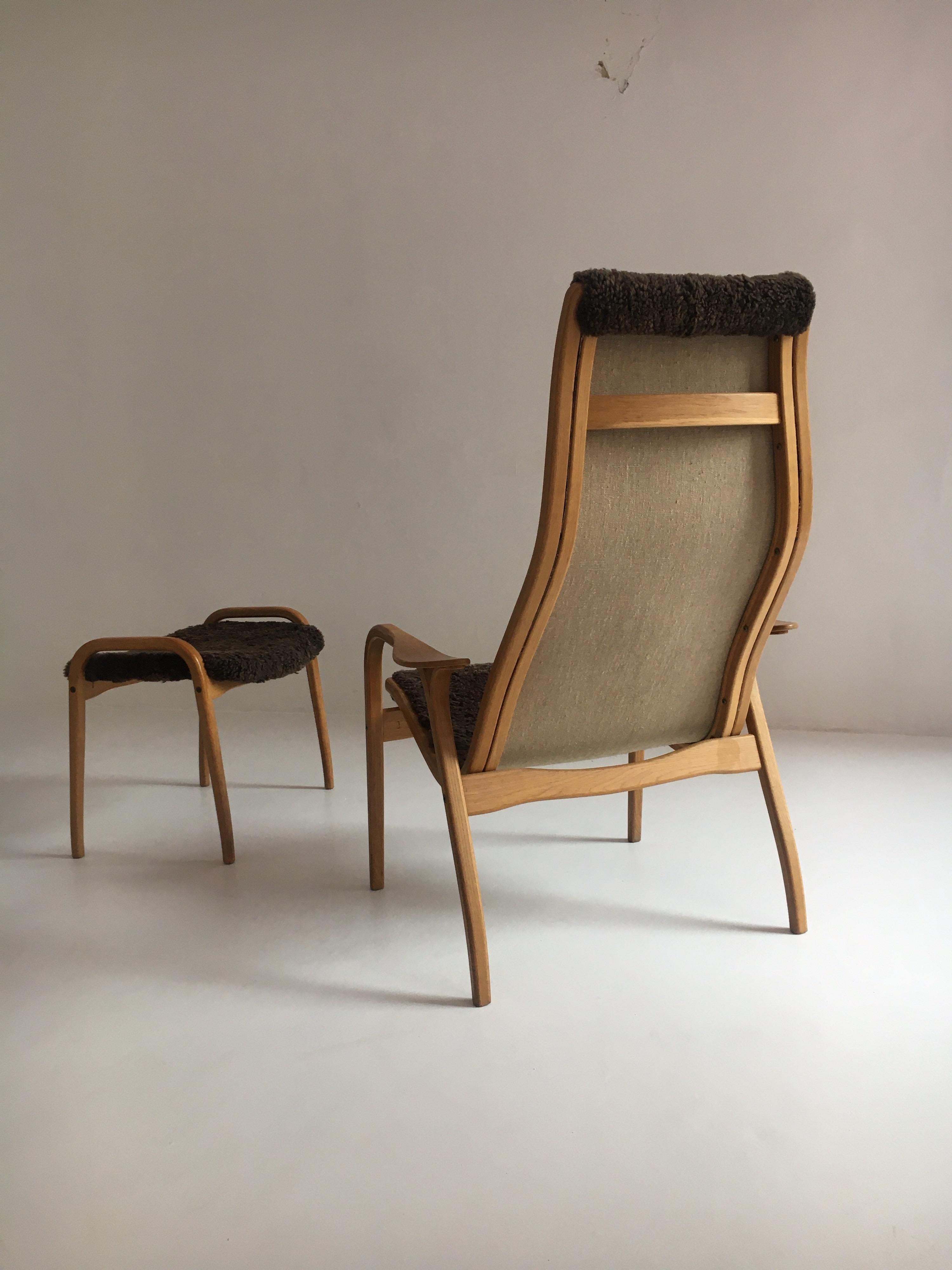 Mid-Century Modern Swedese Yngve Ekström Lamino Sheepskin Easy Chair with Ottoman, Sweden, 1960s