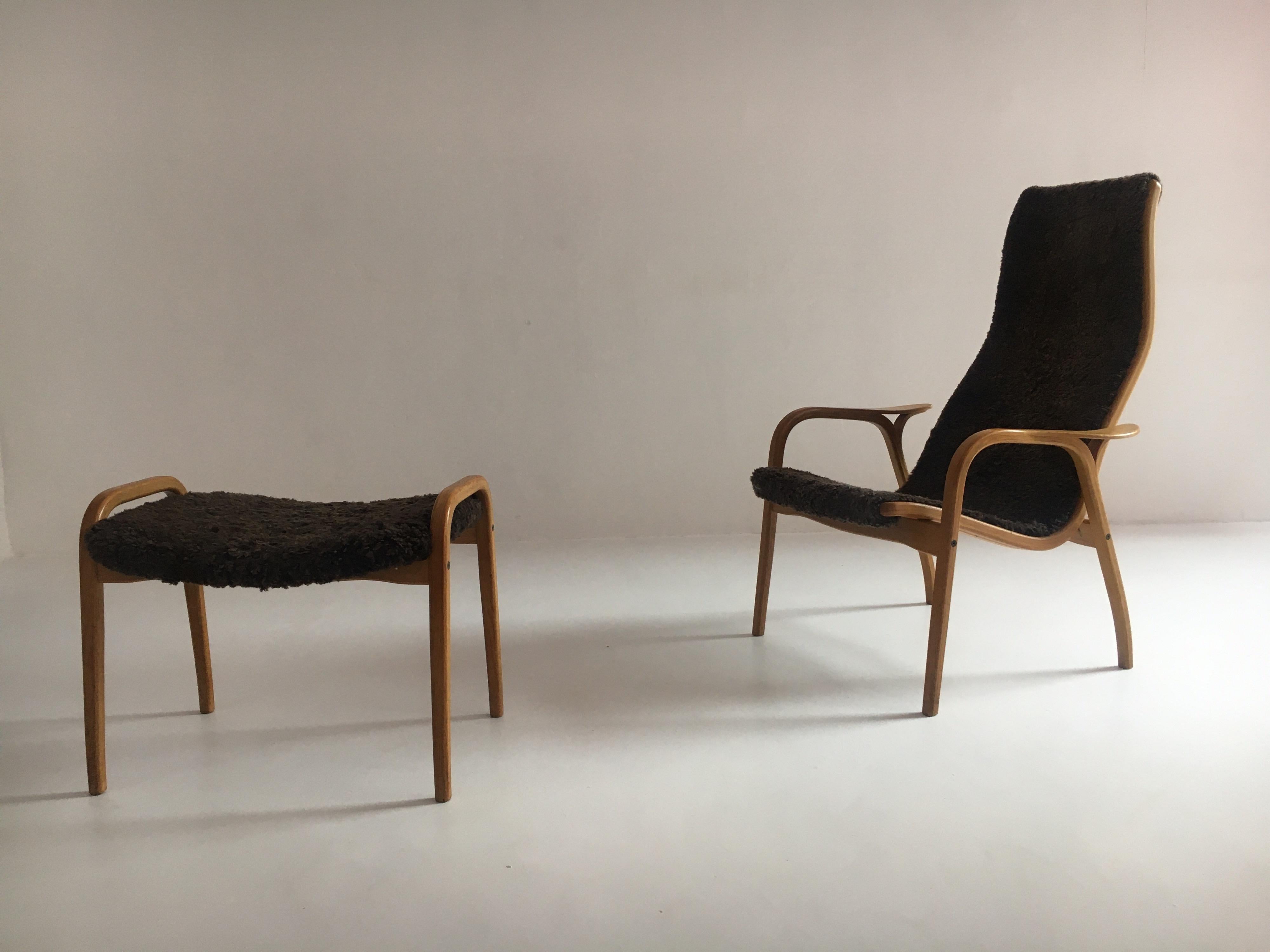 Swedese Yngve Ekström Lamino Sheepskin Easy Chair with Ottoman, Sweden, 1960s 2