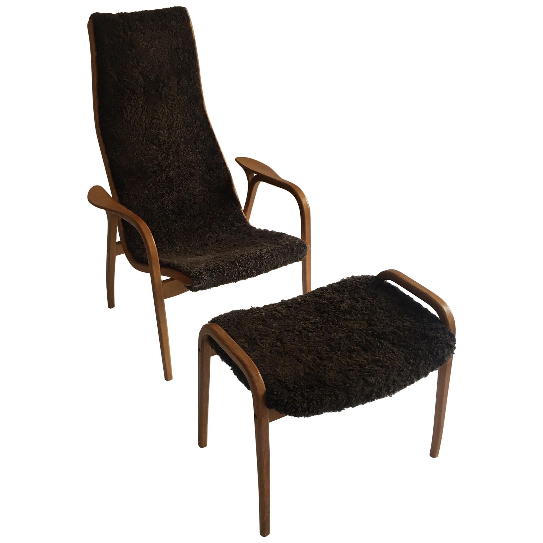 Swedese Yngve Ekström Lamino Sheepskin Easy Chair with Ottoman, Sweden, 1960s