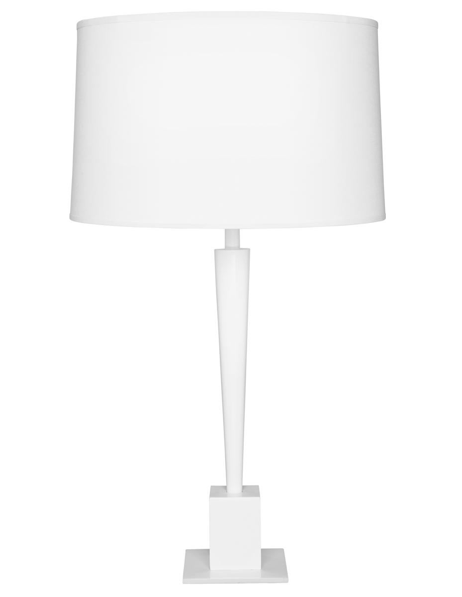 Metal table lamp with cylindrical shape and metal perforated diffuser. 

Shown with a polished and satin nickel table lamp base and black card shade and perforated metal diffuser. 

Measures: Two shade size options: 9