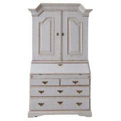 Swedish 1770s Baroque Light Gray Painted Secretary with Slant Front Desk
