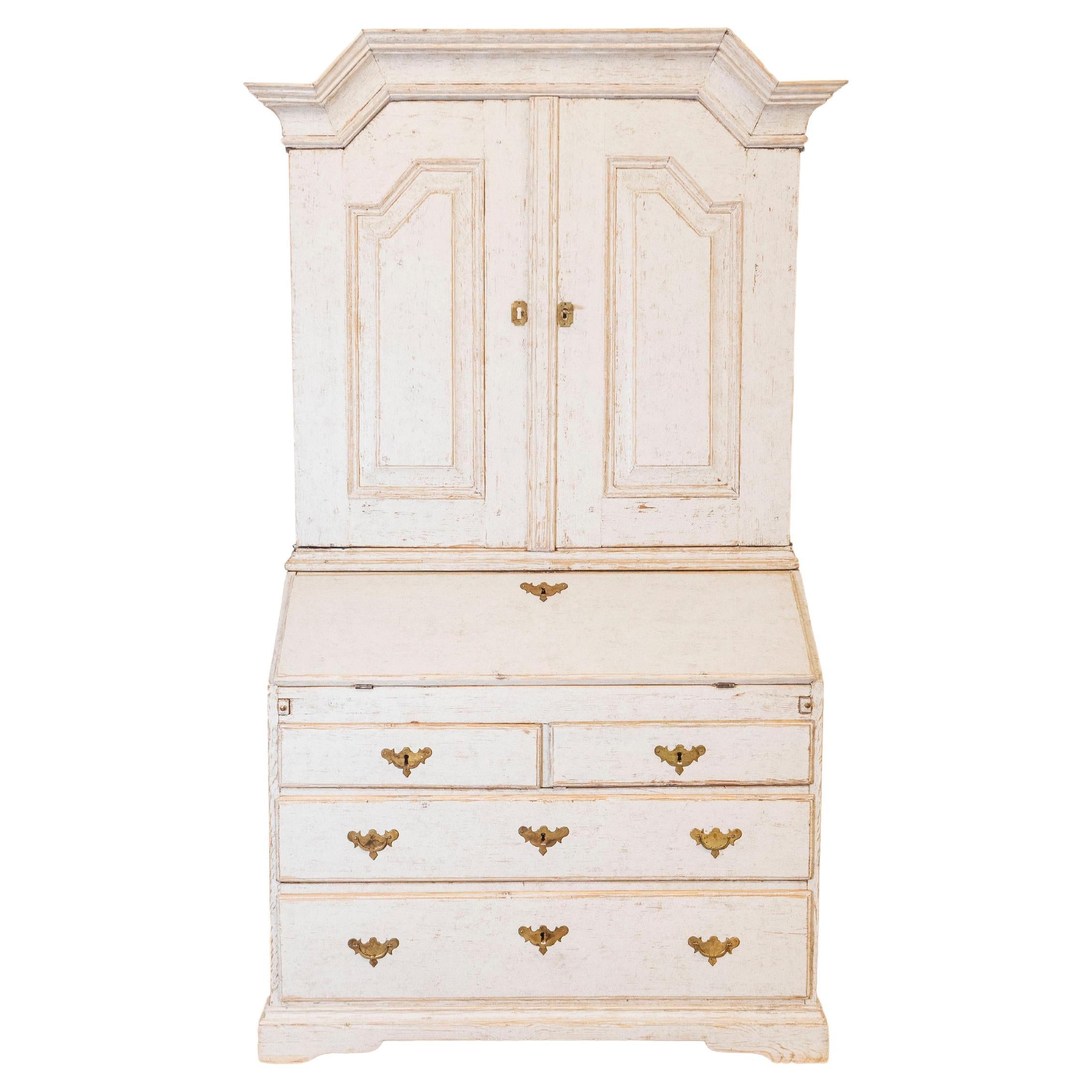 Swedish 1770s Baroque Period Light Gray Painted Secretary with Slant Front Desk
