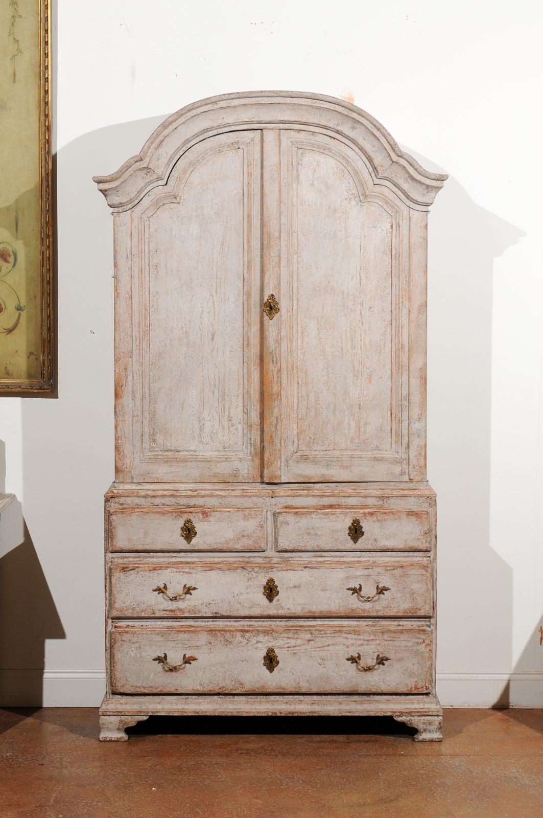 Swedish 1770s Rococo Painted Wood Bonnet Top Cupboard with Doors and Drawers 6
