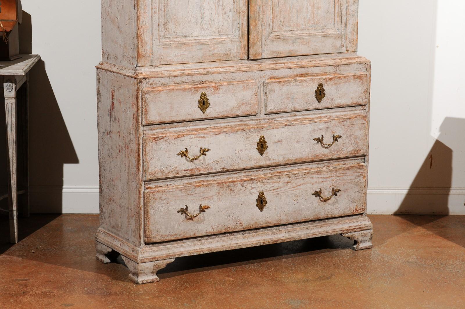 18th Century Swedish 1770s Rococo Painted Wood Bonnet Top Cupboard with Doors and Drawers