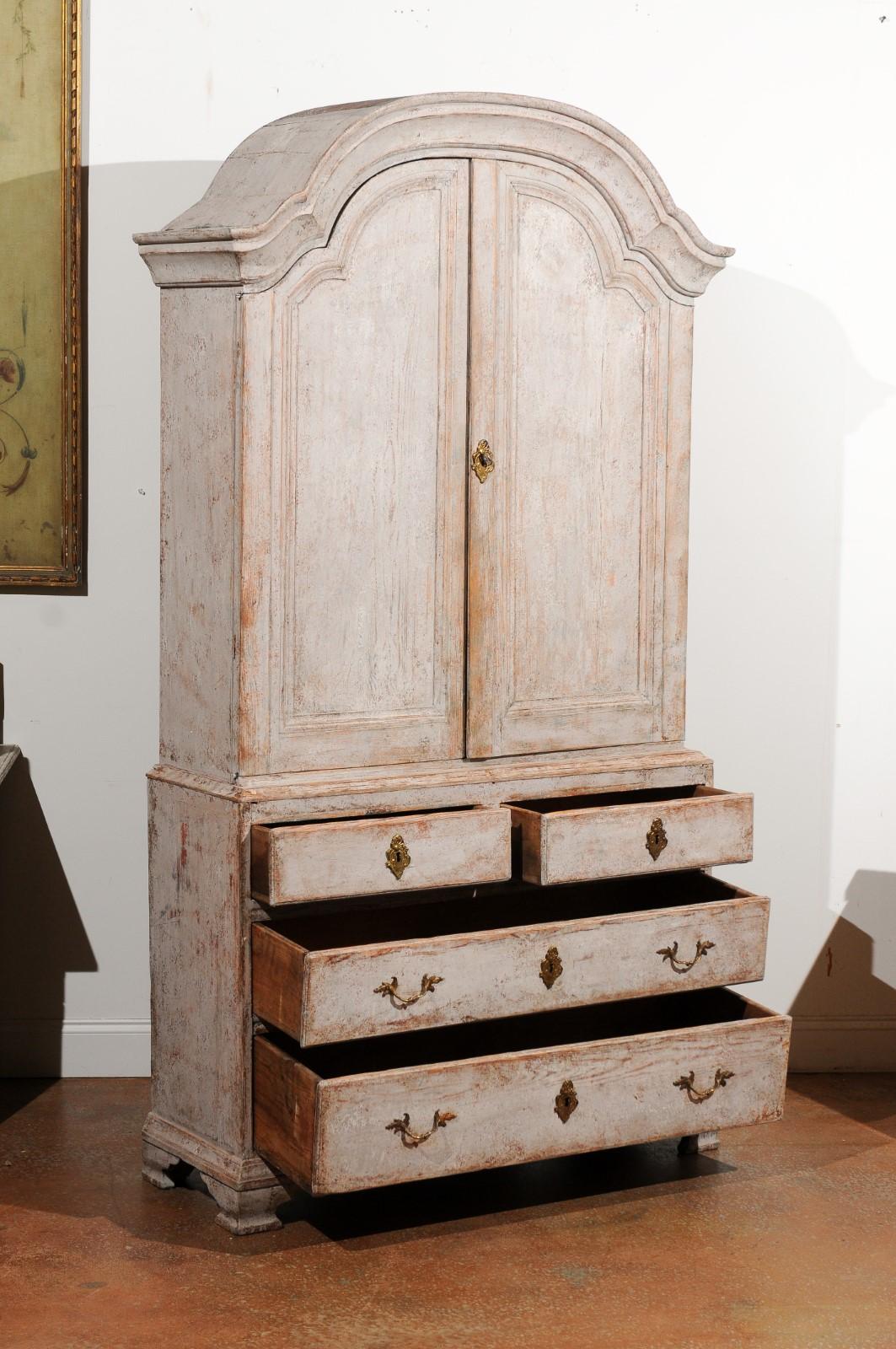 Swedish 1770s Rococo Painted Wood Bonnet Top Cupboard with Doors and Drawers 1