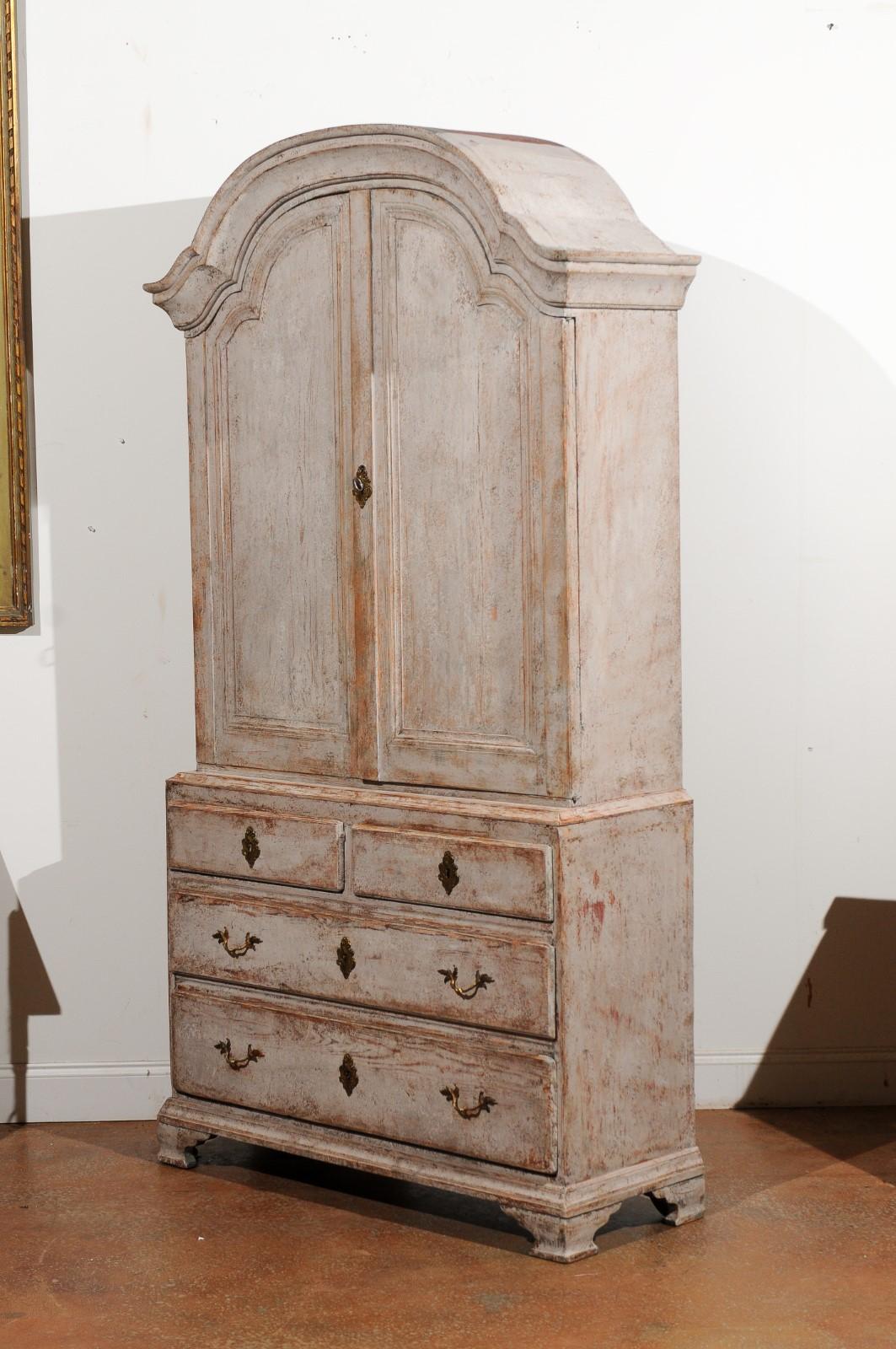 Swedish 1770s Rococo Painted Wood Bonnet Top Cupboard with Doors and Drawers 5