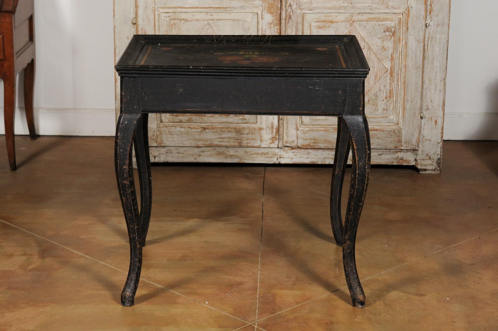 Swedish 1770s Rococo Period Ebonized Wood Tea Table with Painted Floral Decor 5