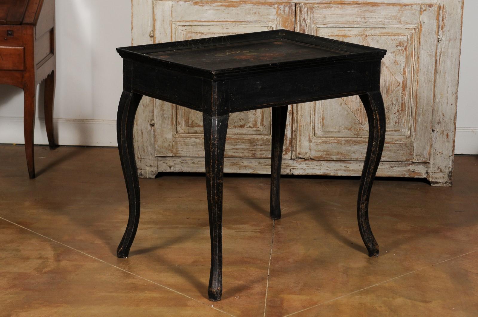 Swedish 1770s Rococo Period Ebonized Wood Tea Table with Painted Floral Decor 7