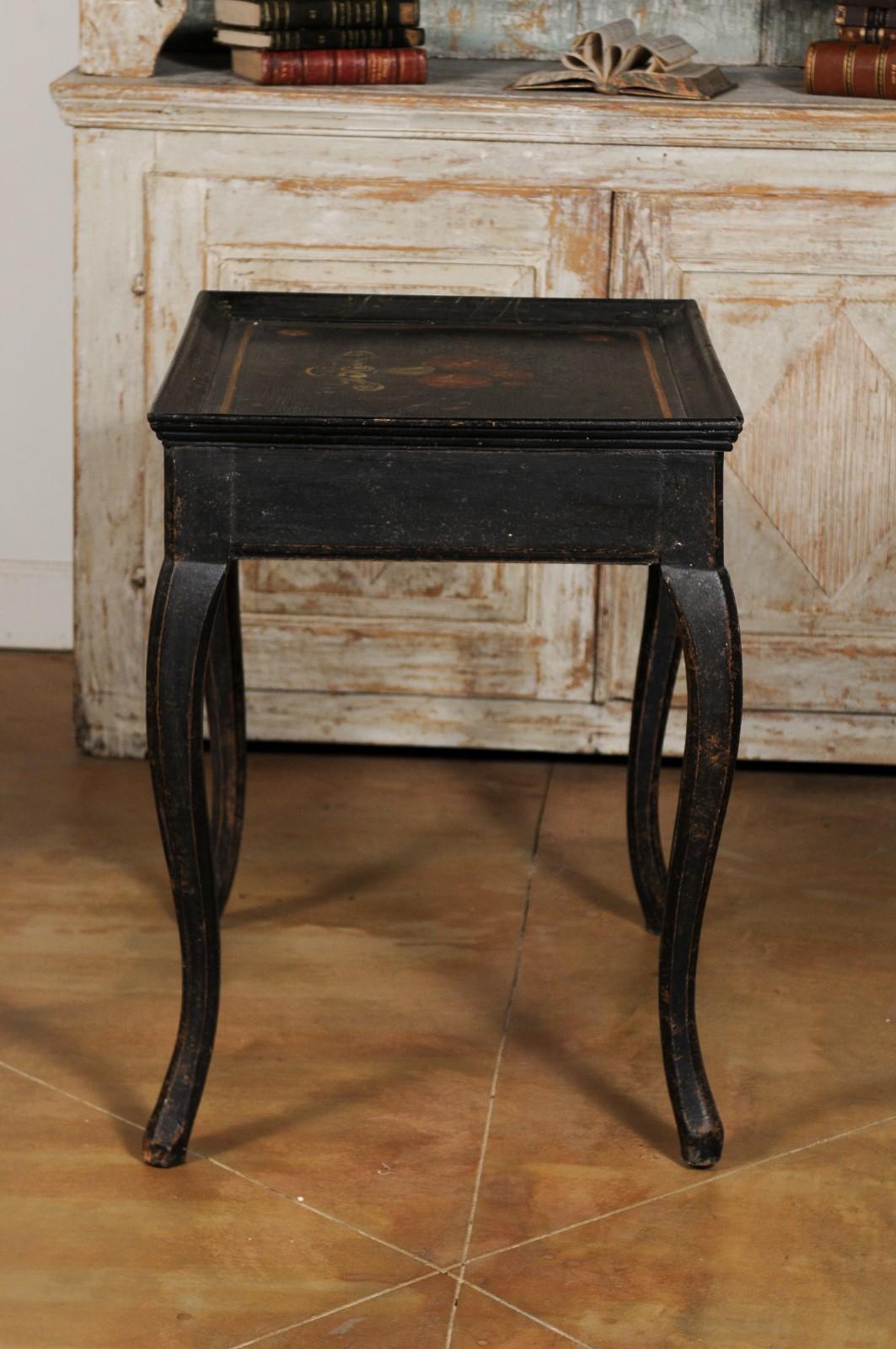 Swedish 1770s Rococo Period Ebonized Wood Tea Table with Painted Floral Decor 8