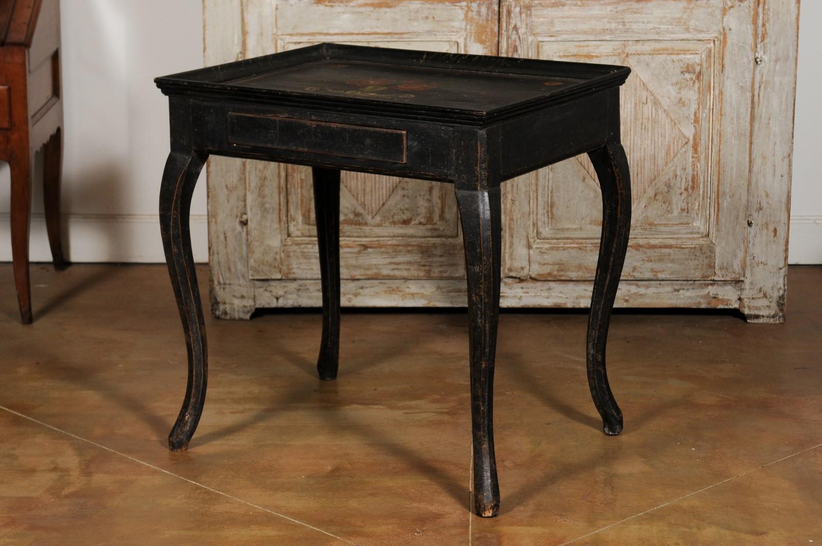 Swedish 1770s Rococo Period Ebonized Wood Tea Table with Painted Floral Decor 9
