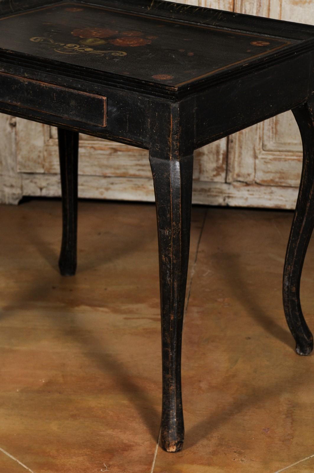 Swedish 1770s Rococo Period Ebonized Wood Tea Table with Painted Floral Decor 10