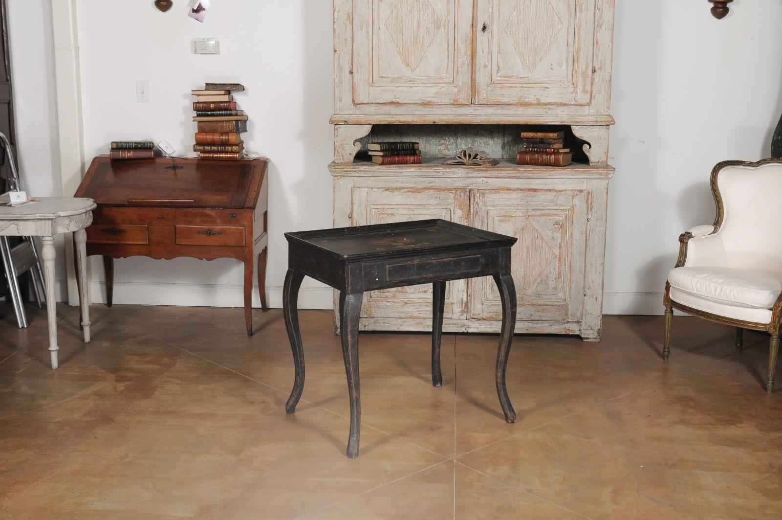 Swedish 1770s Rococo Period Ebonized Wood Tea Table with Painted Floral Decor 11