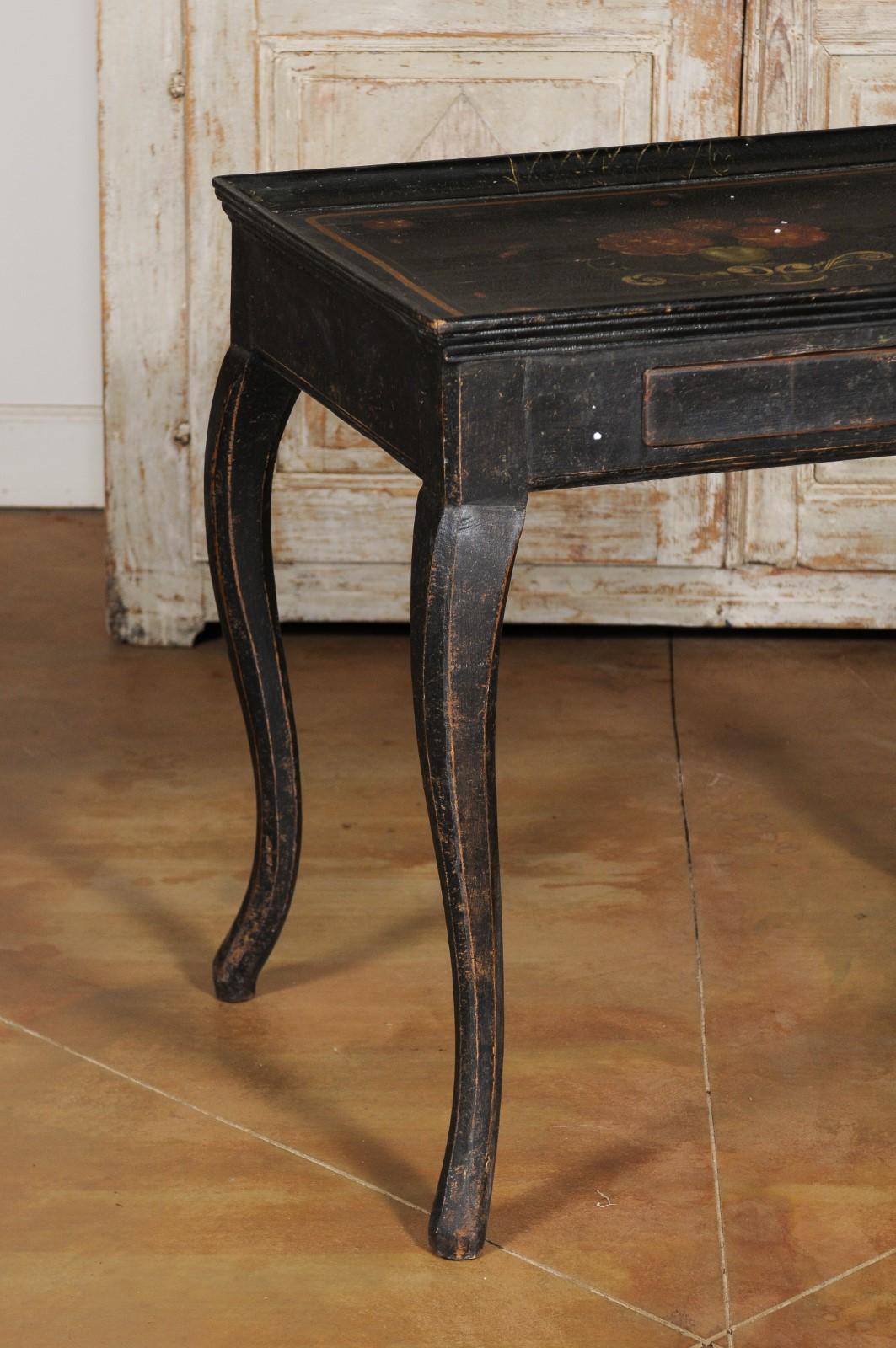 Swedish 1770s Rococo Period Ebonized Wood Tea Table with Painted Floral Decor 13