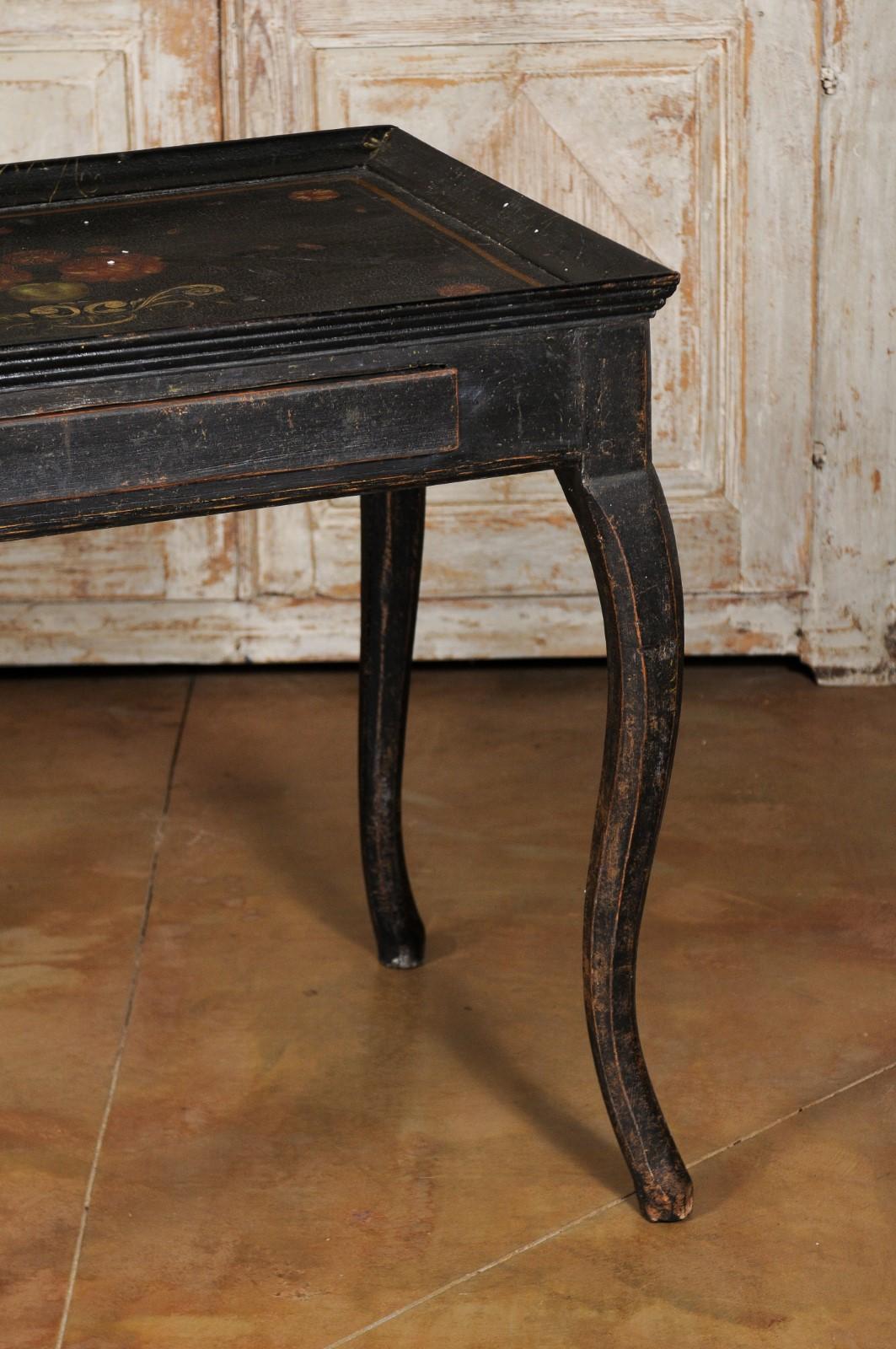 Swedish 1770s Rococo Period Ebonized Wood Tea Table with Painted Floral Decor 14