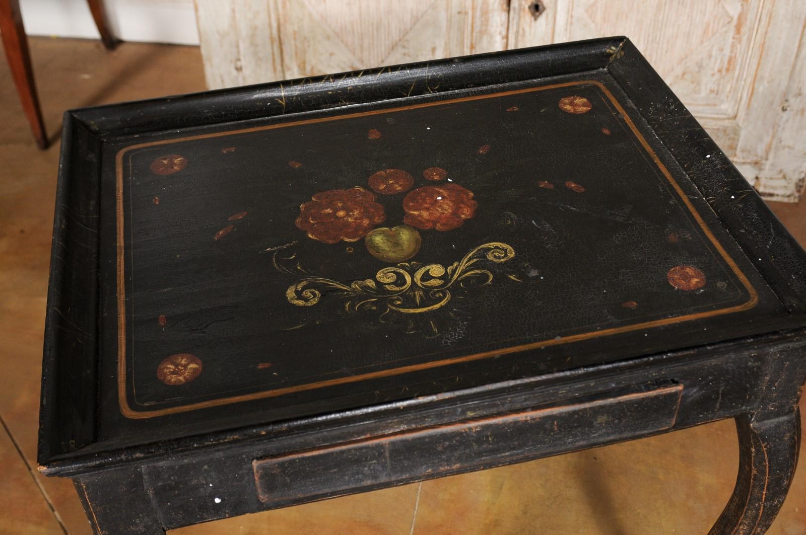 Carved Swedish 1770s Rococo Period Ebonized Wood Tea Table with Painted Floral Decor