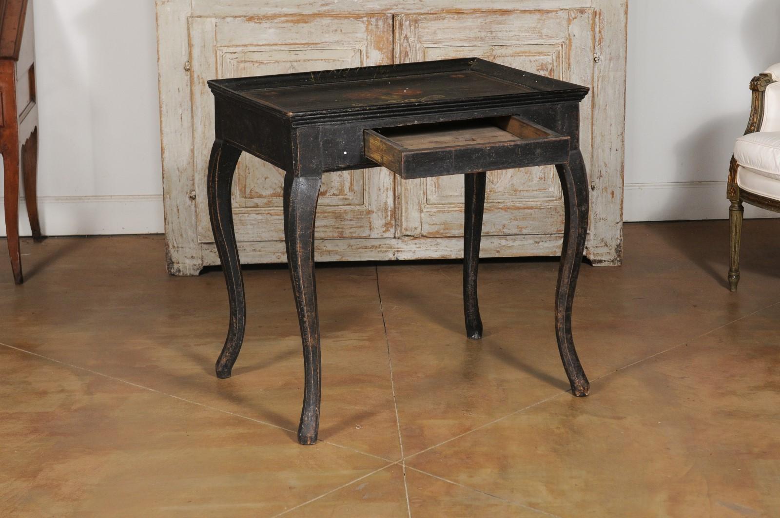Swedish 1770s Rococo Period Ebonized Wood Tea Table with Painted Floral Decor In Good Condition In Atlanta, GA
